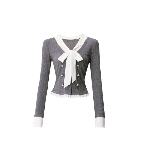 Bow Knit Fake Two-Piece College Top Set-Up