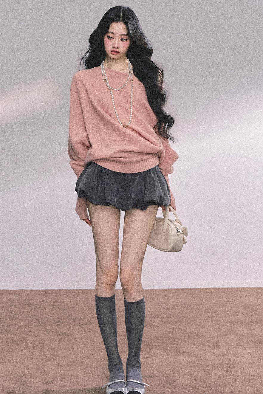 Soft Slanted Shoulder Knitted Sweater