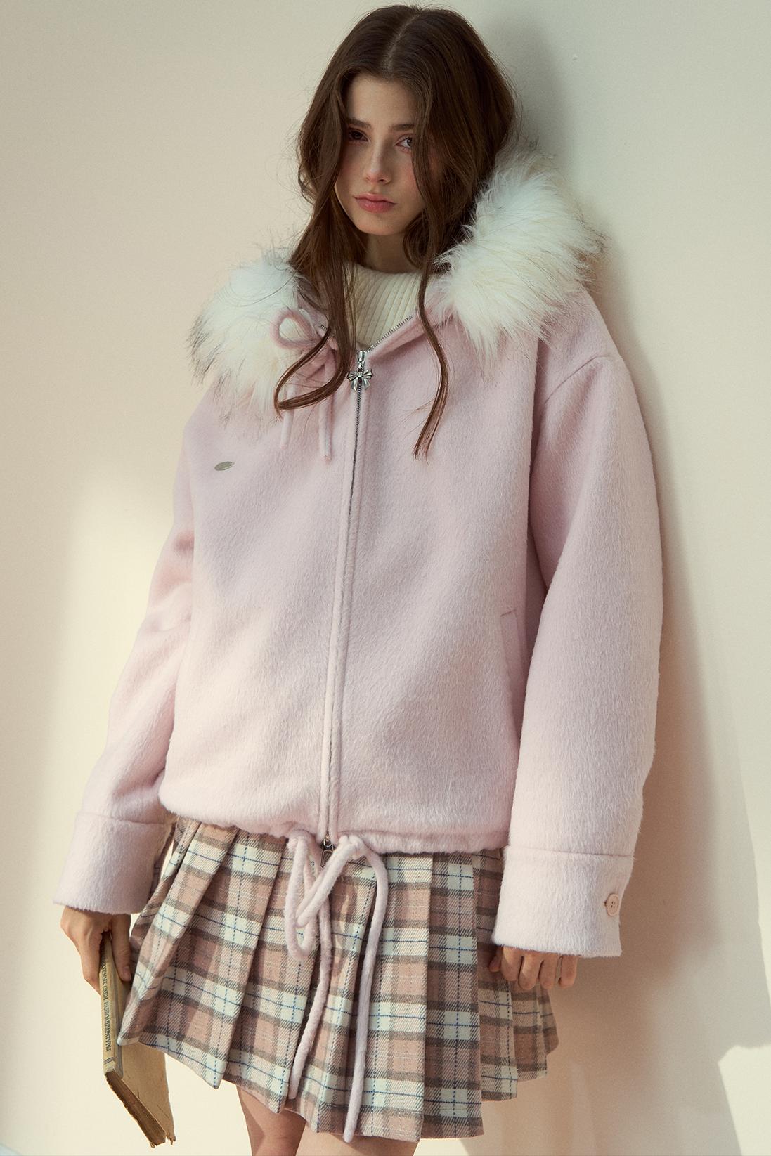 Pink Plaid Wool Pleated Skirt