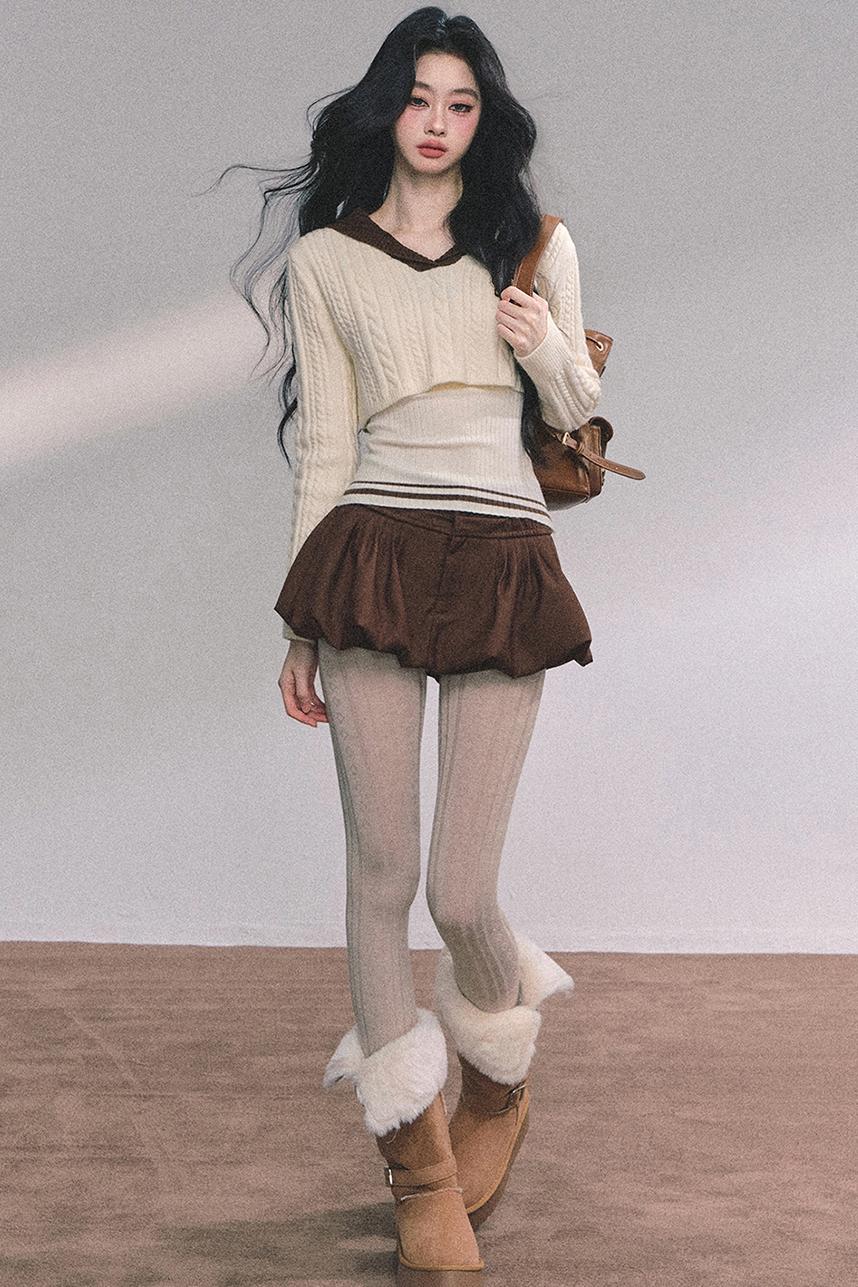 Navy Knitted Sweater Womens Top Set