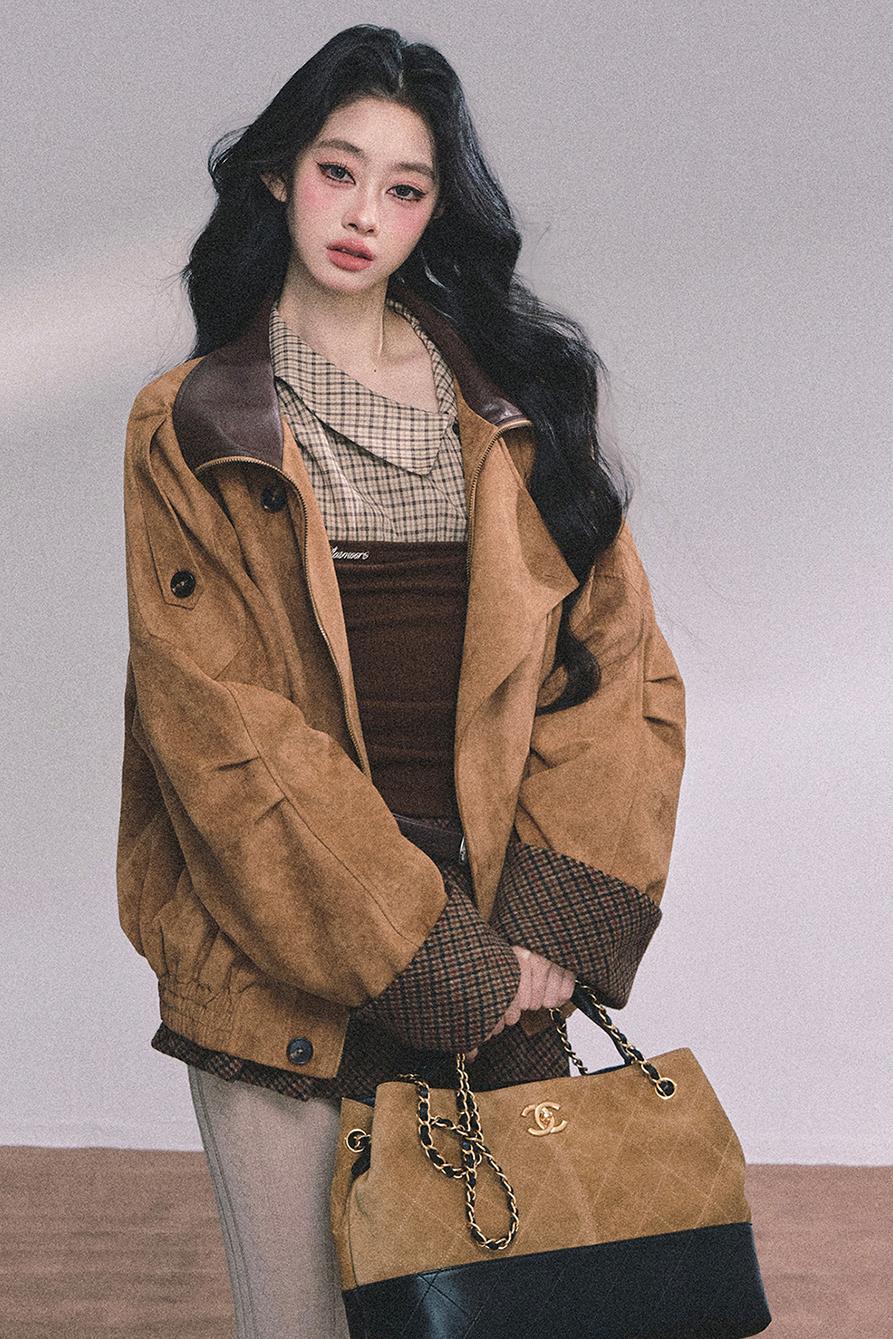 Knitted Long-Sleeved Plaid Top