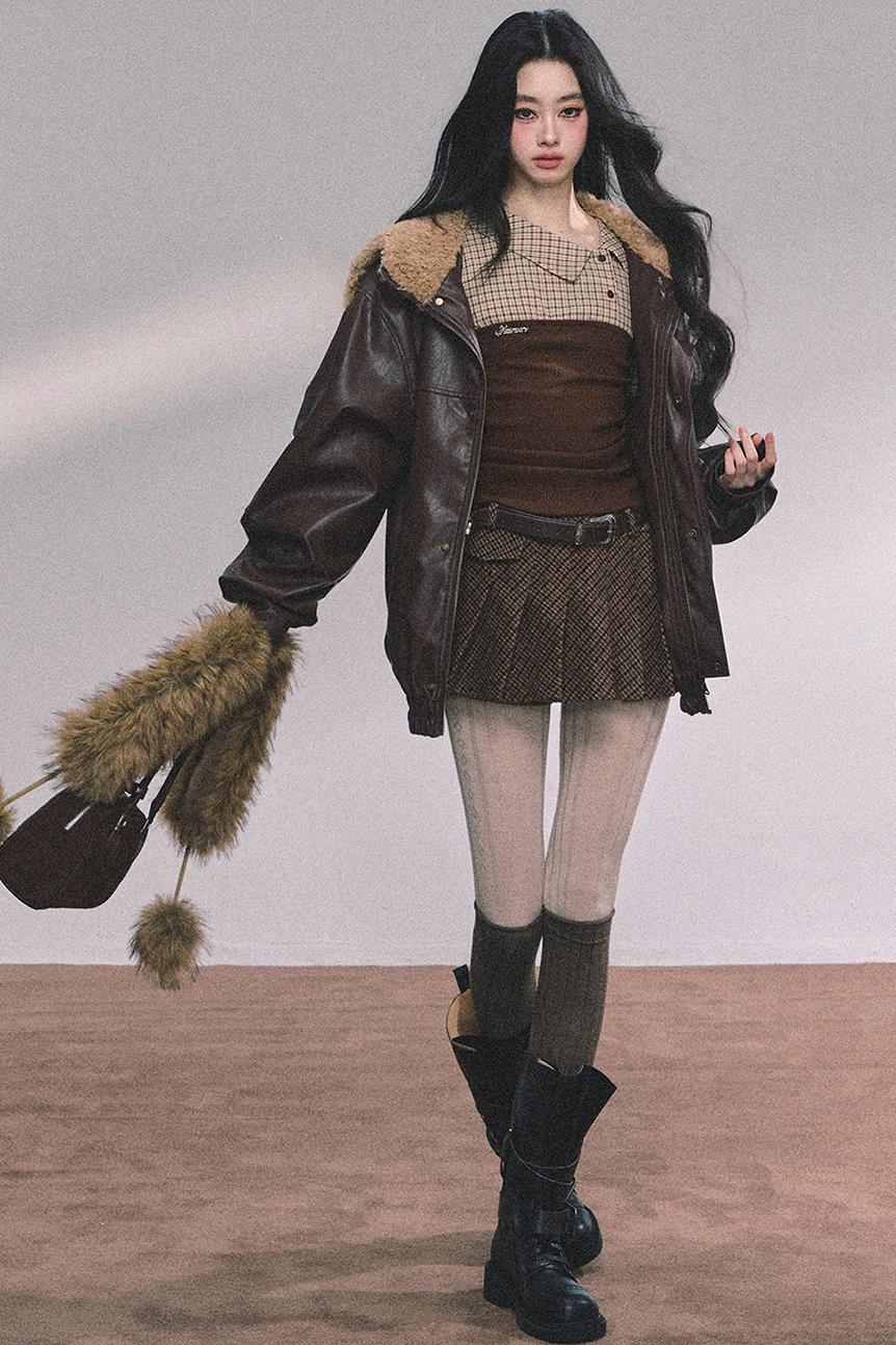 Autumn Navy Lambswool Leather Jacket