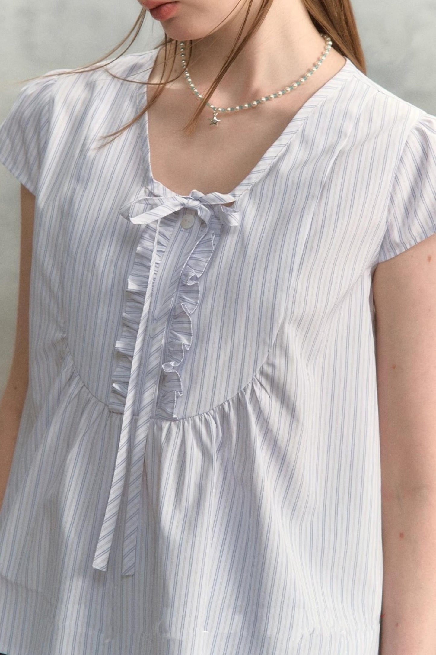 Striped V-Neck Lace Blouse