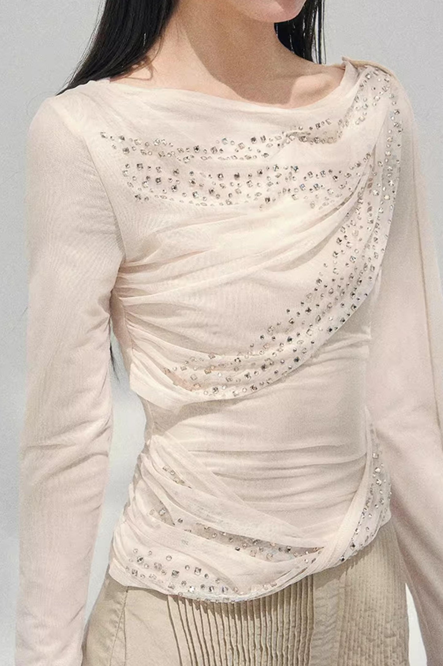 Sheer Rhinestone Slim-Fit Top Set