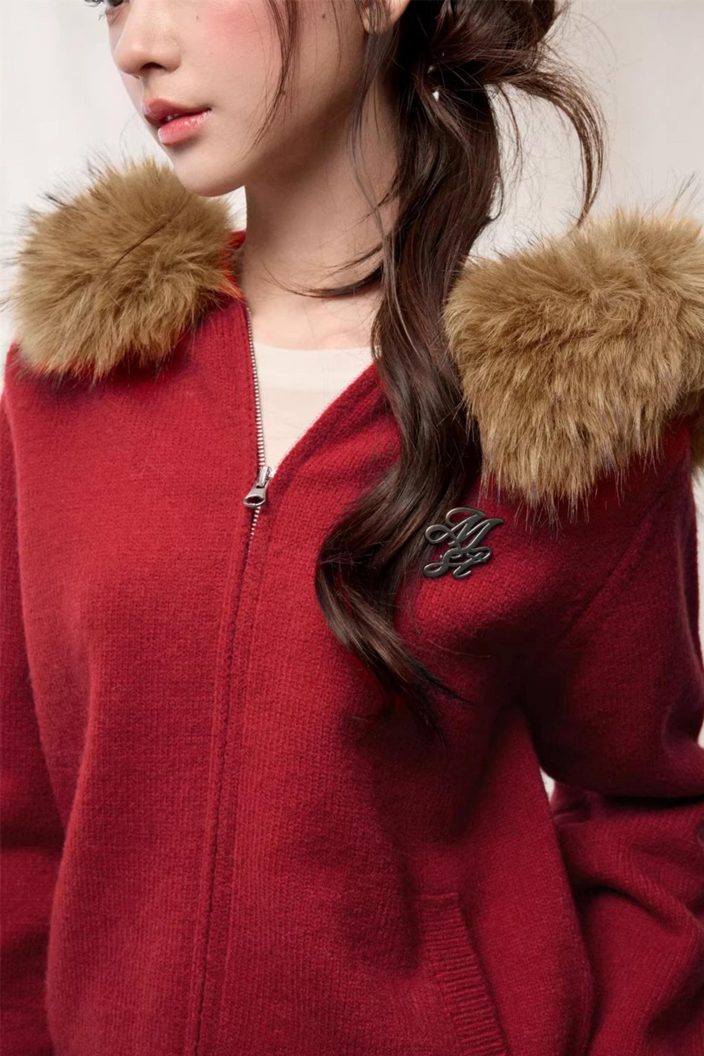 Fur Collar Hooded Cardigan