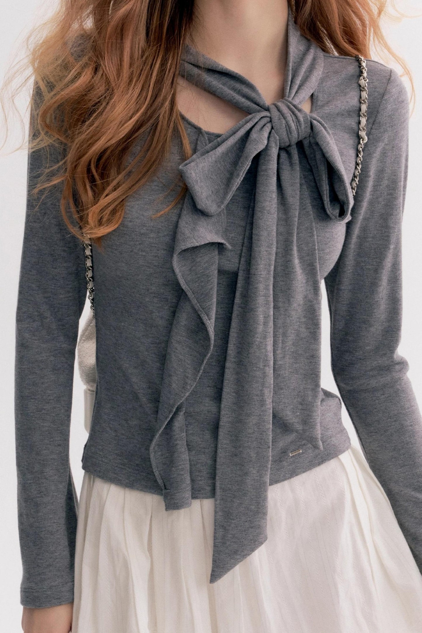 Romantic French Streamer Bow V-Neck Slim T-Shirt