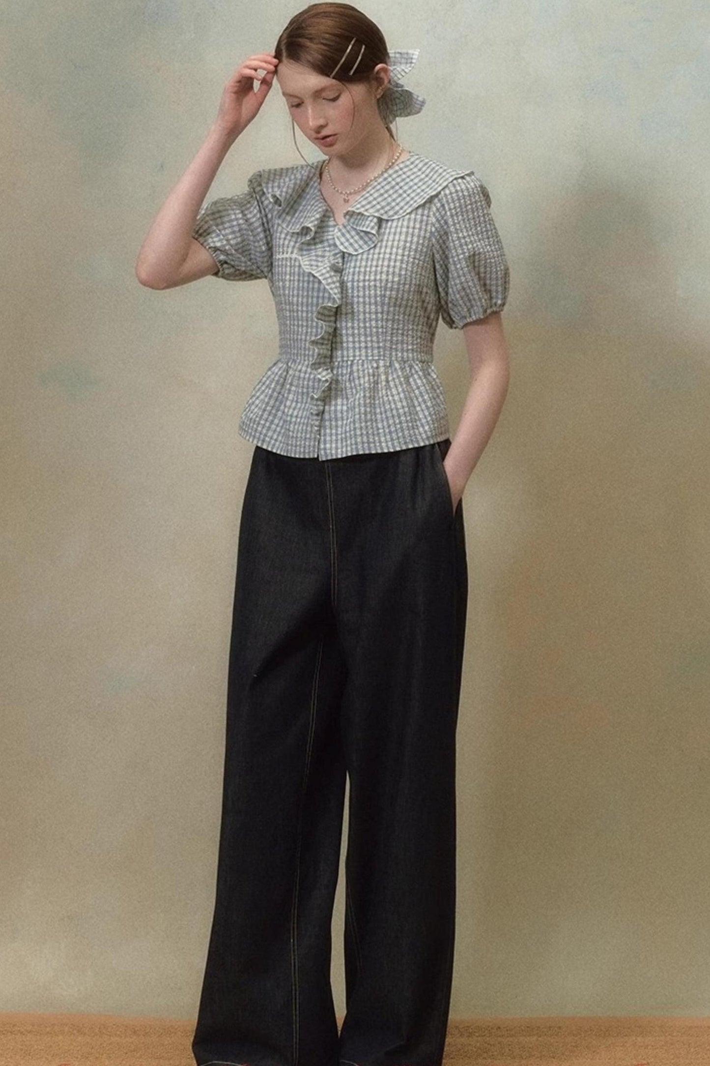 Plaid Ruffle Sleeve Blouse