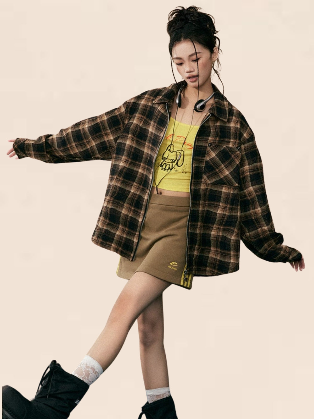 Braun gelber Plaid-Langarmhemd