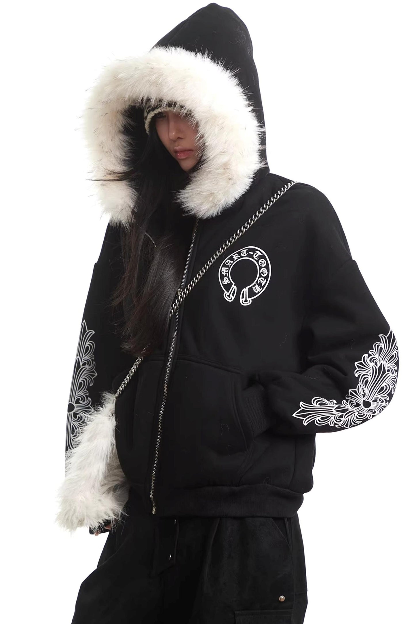 Printed Fur Collar Hooded Jacket