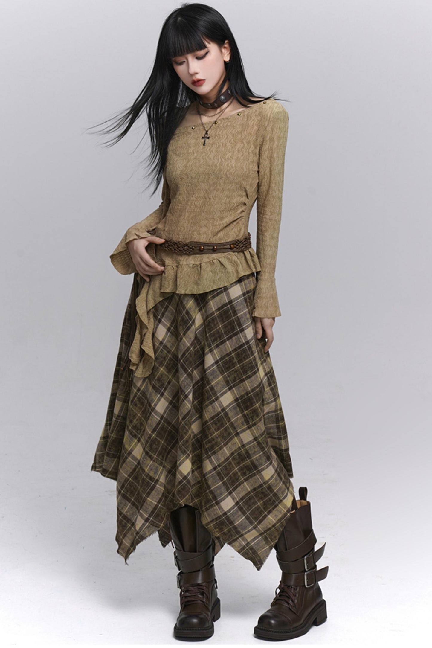 Beautiful Blue Plaid A-Line Skirt & Belt Set