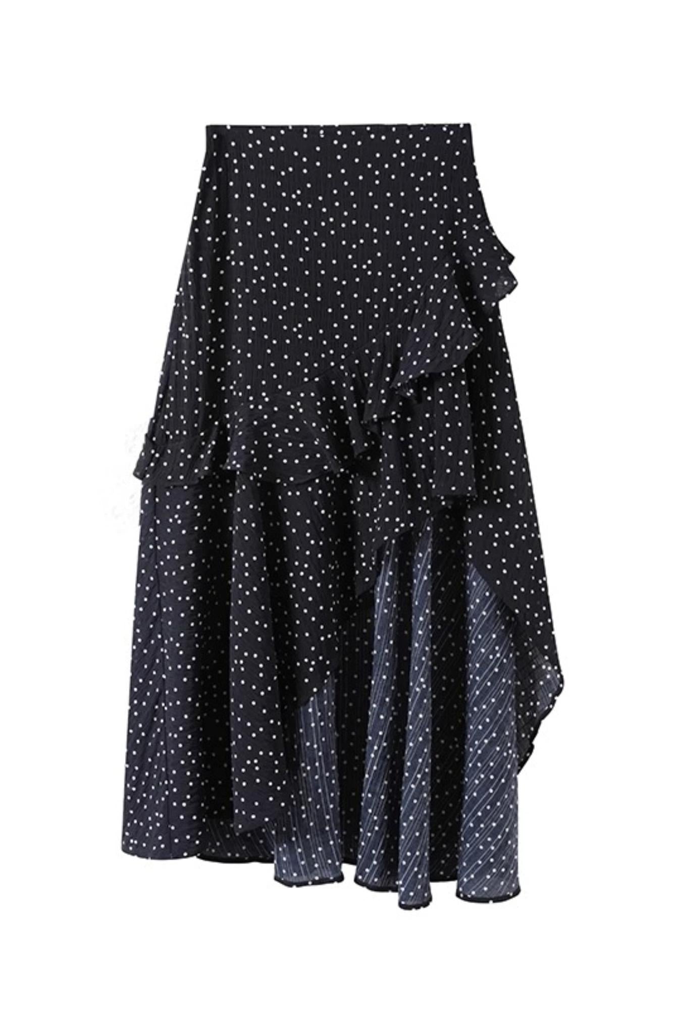 Asymmetrical Grey Top & Polka Dot Maxi Skirt Set-Up