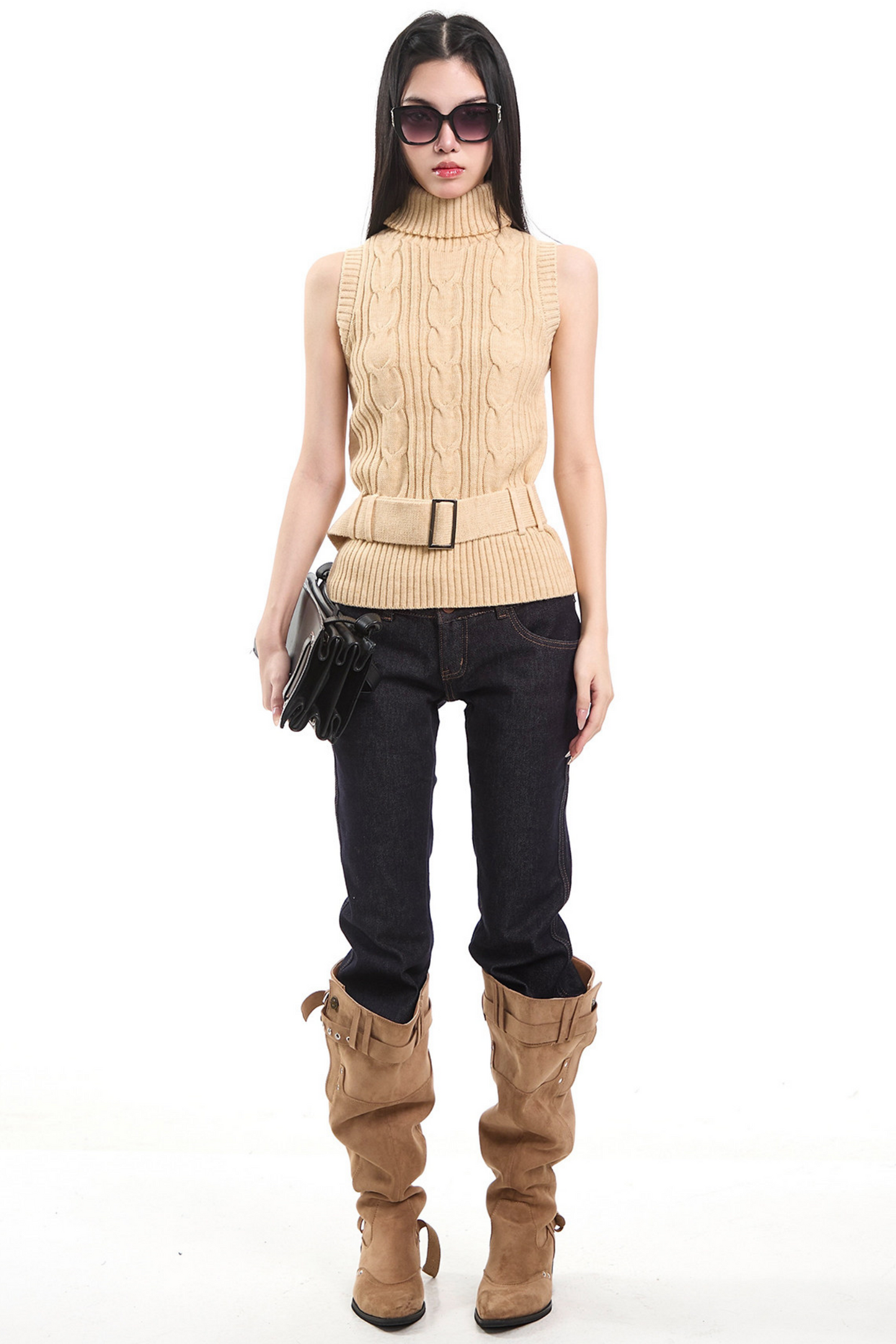 Retro Khaki Cable Knit Cardigan Set