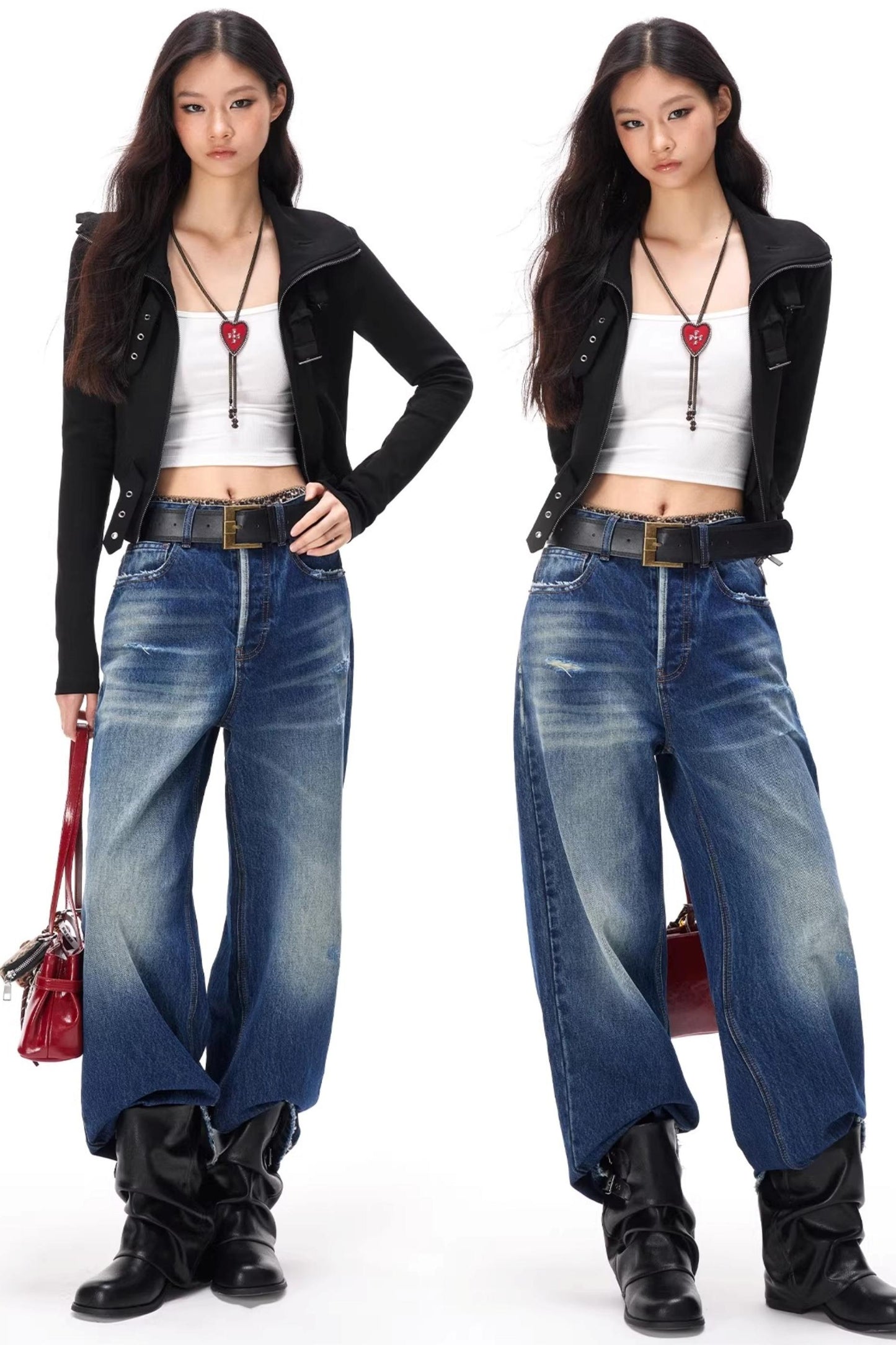 Amerikanische, locker fallende Jeanshose im Used-Look