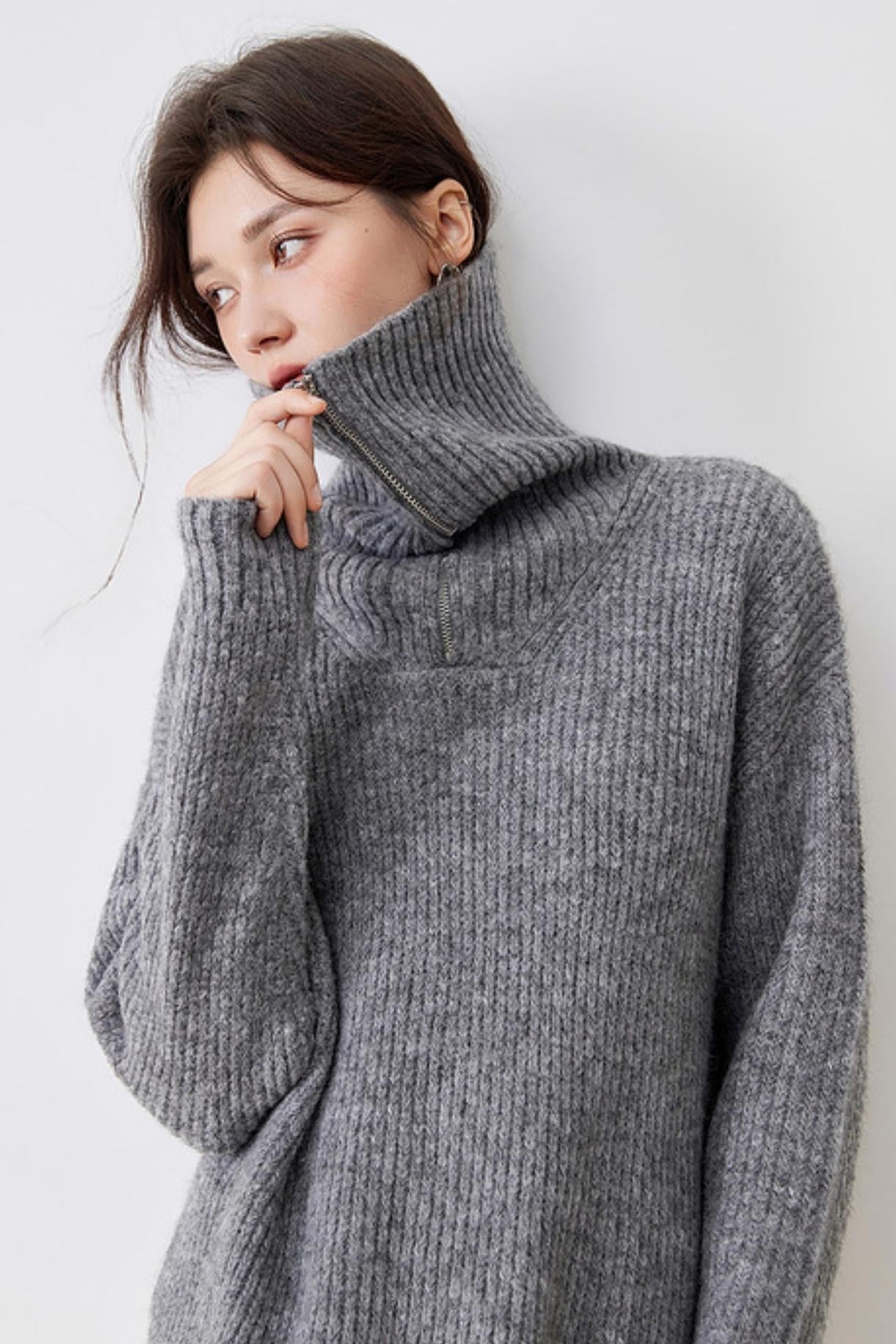Pull en maille à col zippé mi-haut décontracté