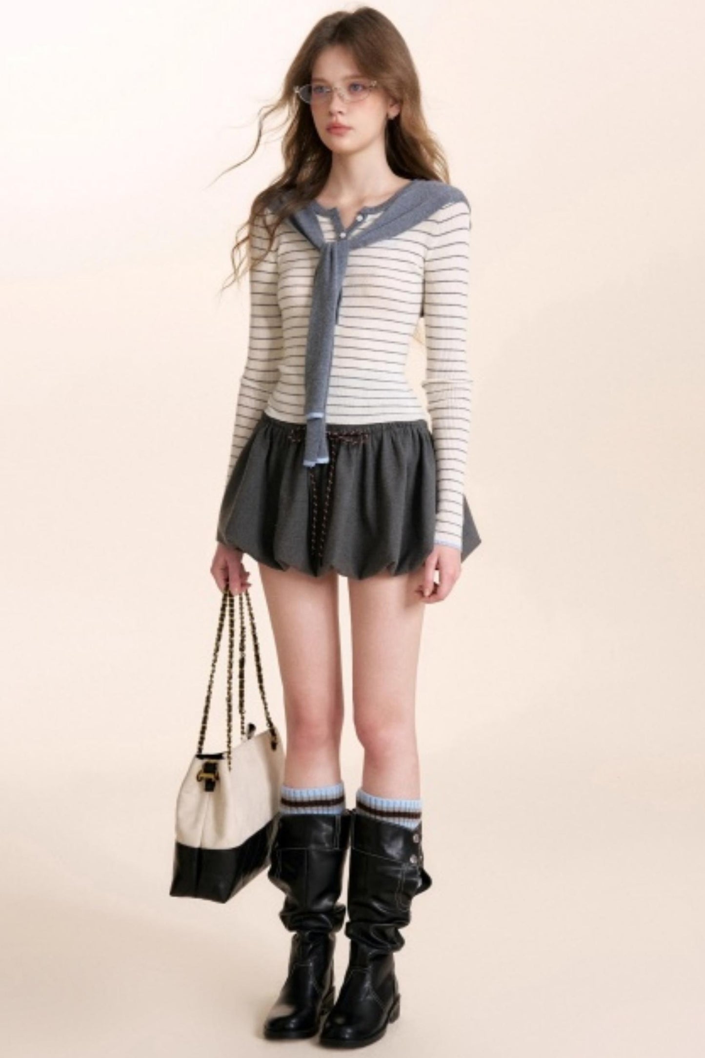 Color-Blocked Woolen Puff Skirt