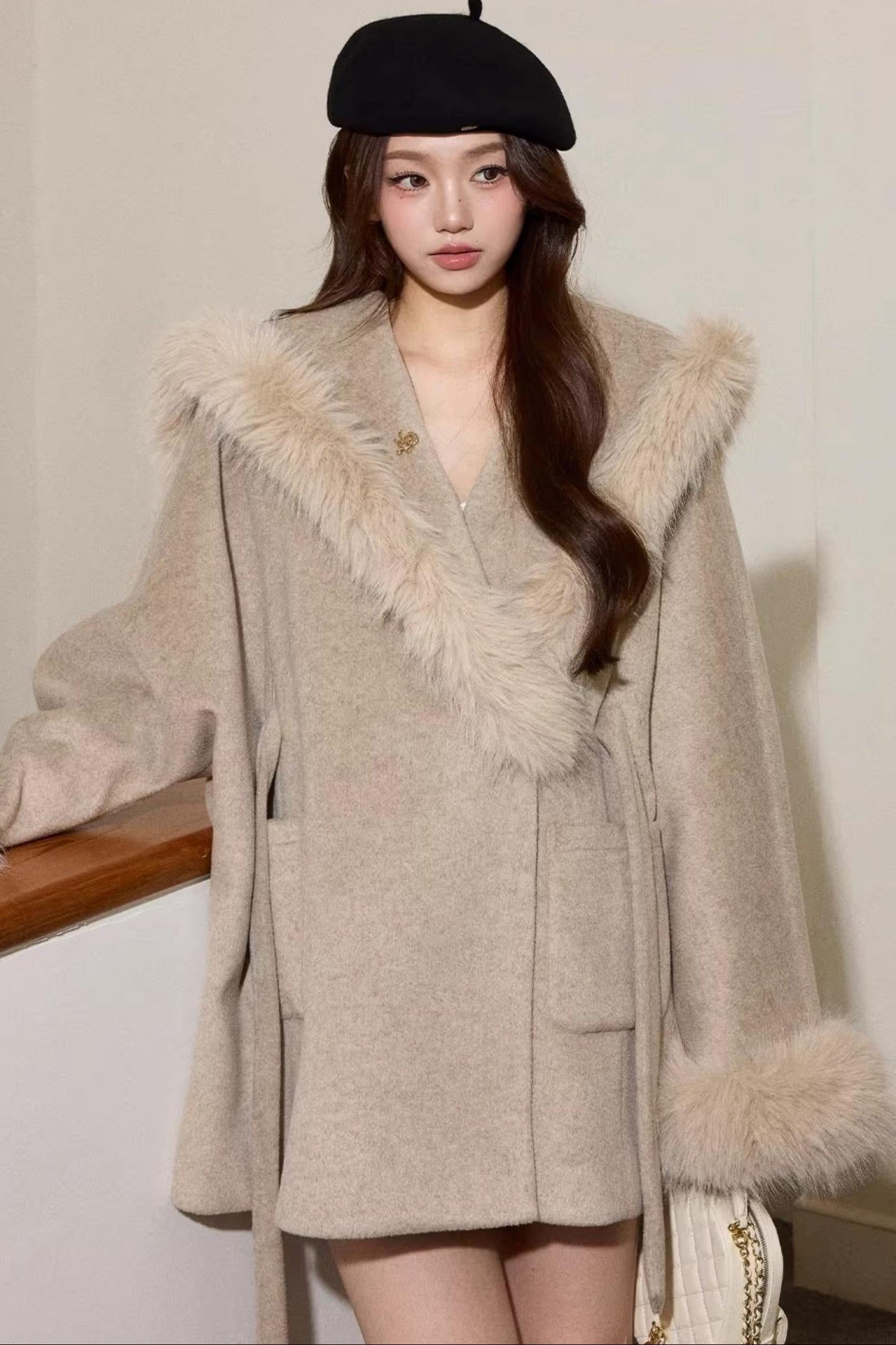 Velvet Oatmeal Fur Coat