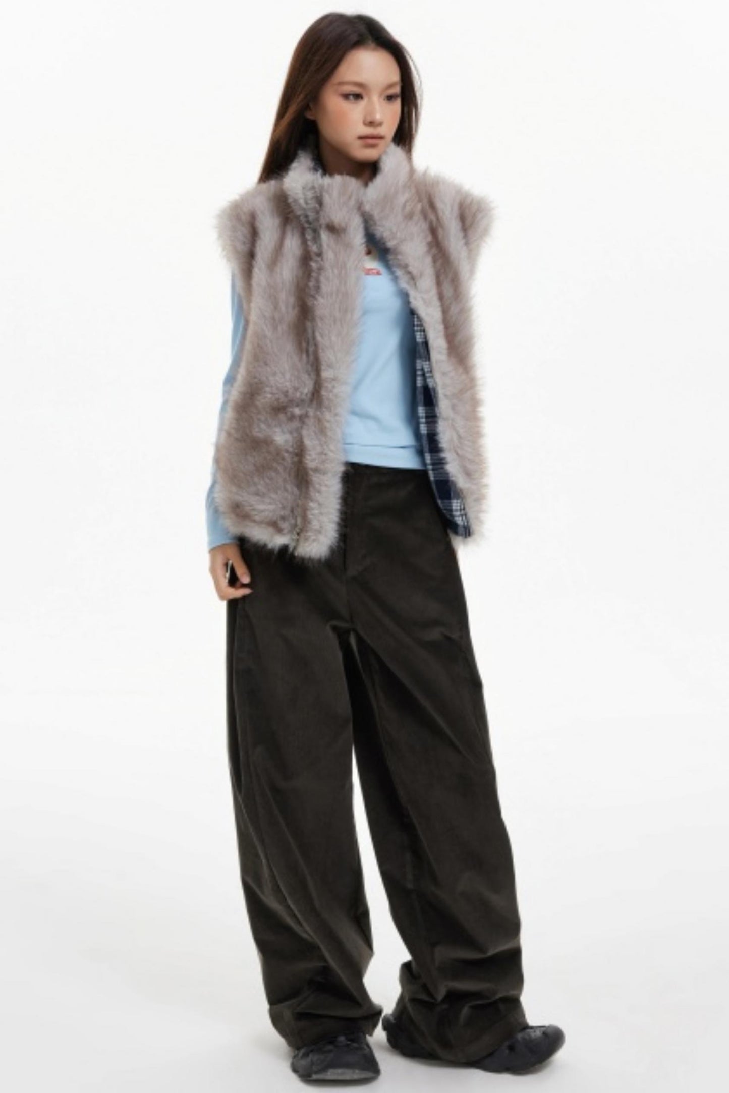 Plaid Lined Fur Vest Reversible Jacket