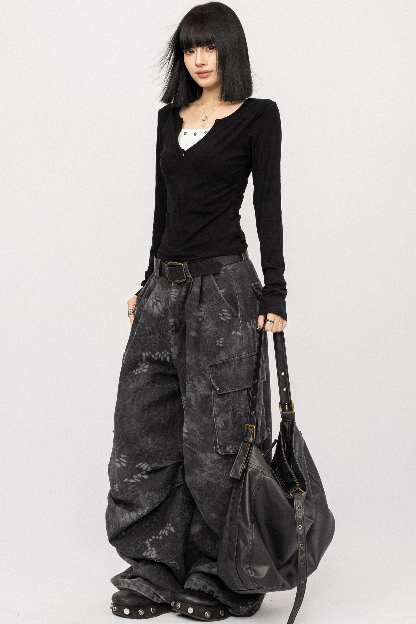 Black V-Neck Two-Piece Top