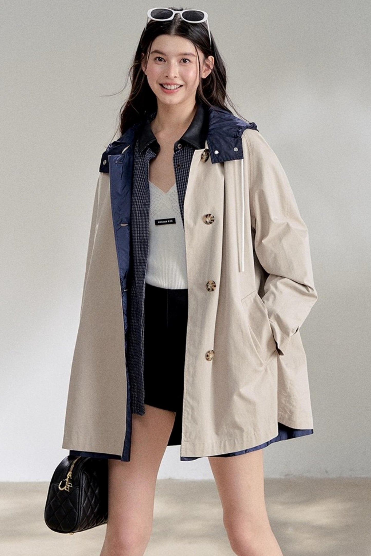 Navy Blue PU Leather Plaid Shirt