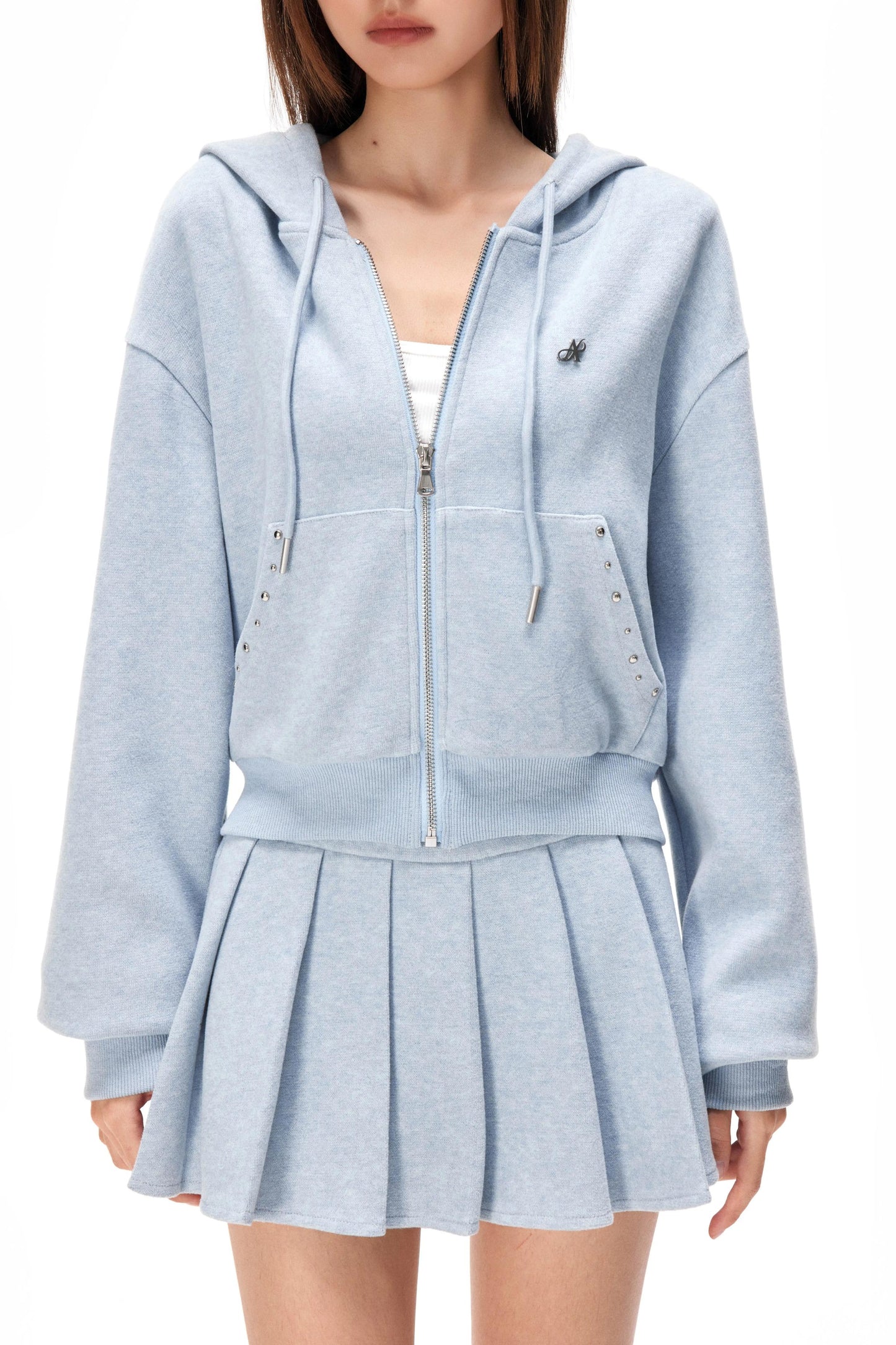 Pocket Studded Hooded Cardigan Set-Up