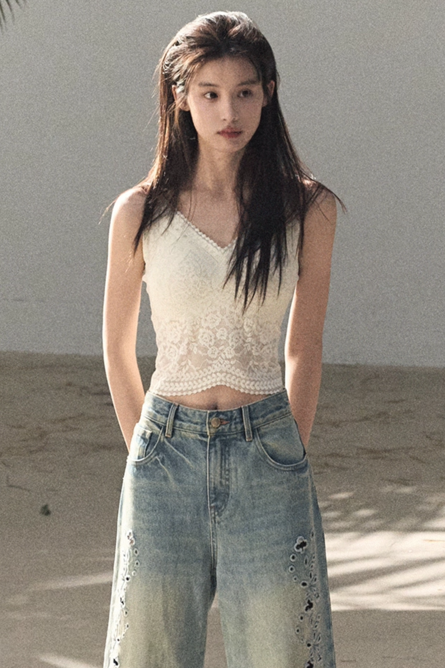 Laser Embroidery Distressed Jeans