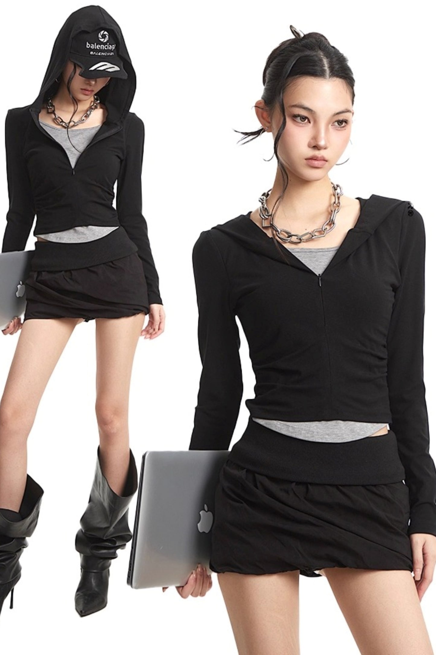 Black Hooded Long Sleeve T-Shirt