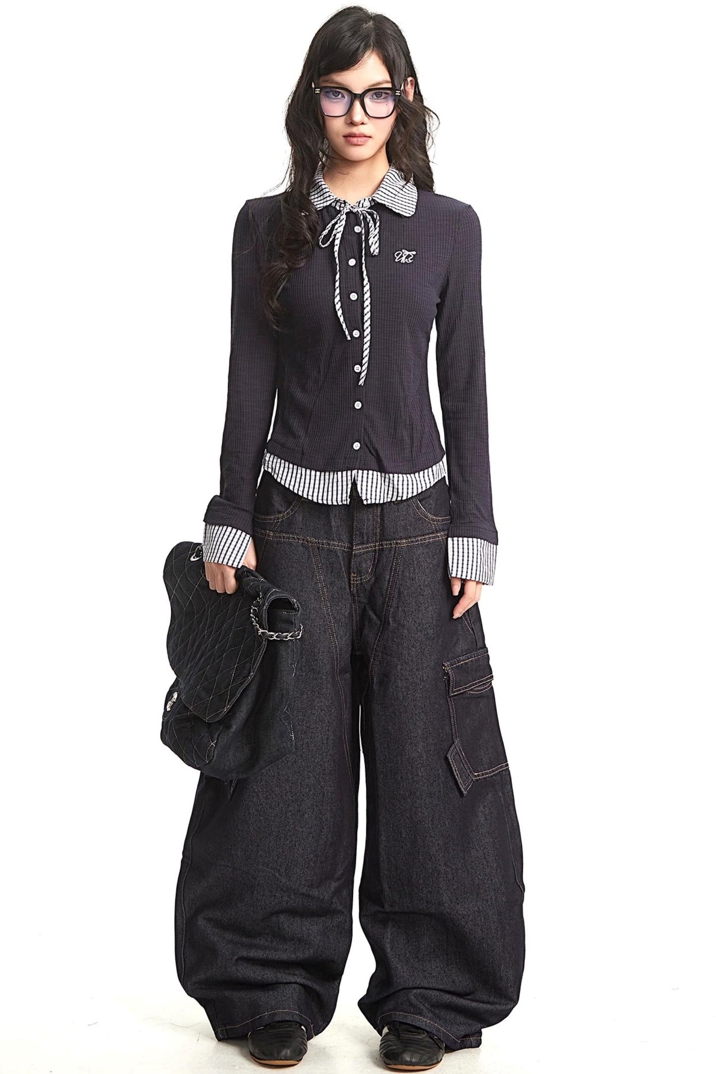 Navy Blue Plaid Knit Top