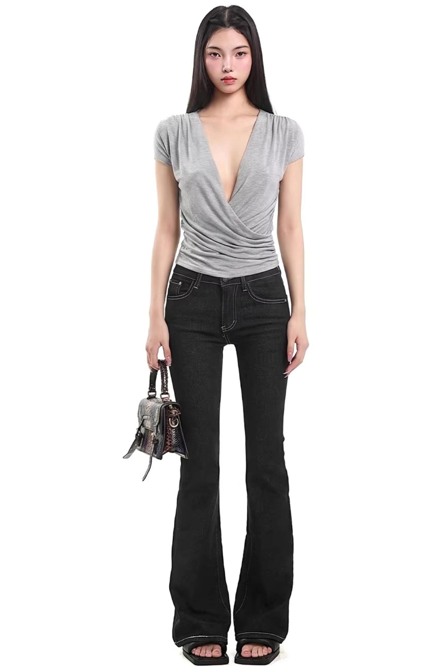 Gray Pleated V-Neck Top