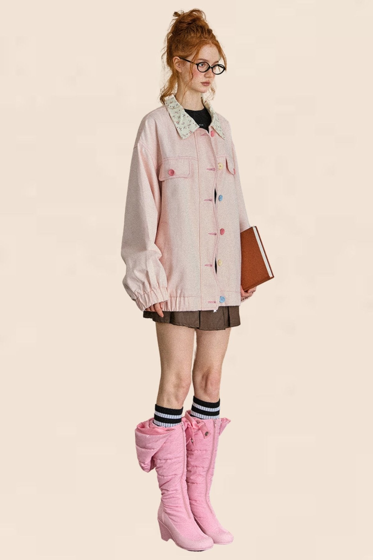 레트로 핑크 플로랄 데님 자켓