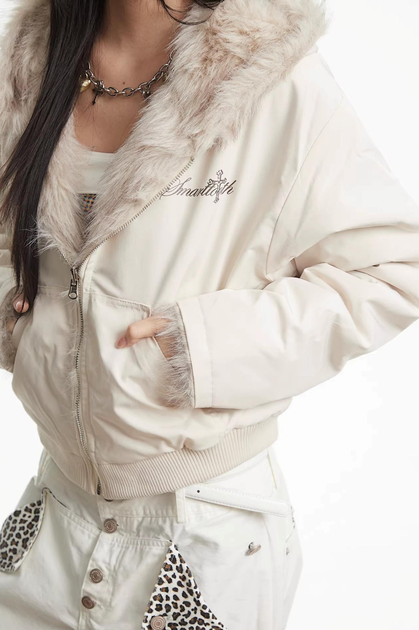 White Fleece-Lined Hooded Jacket