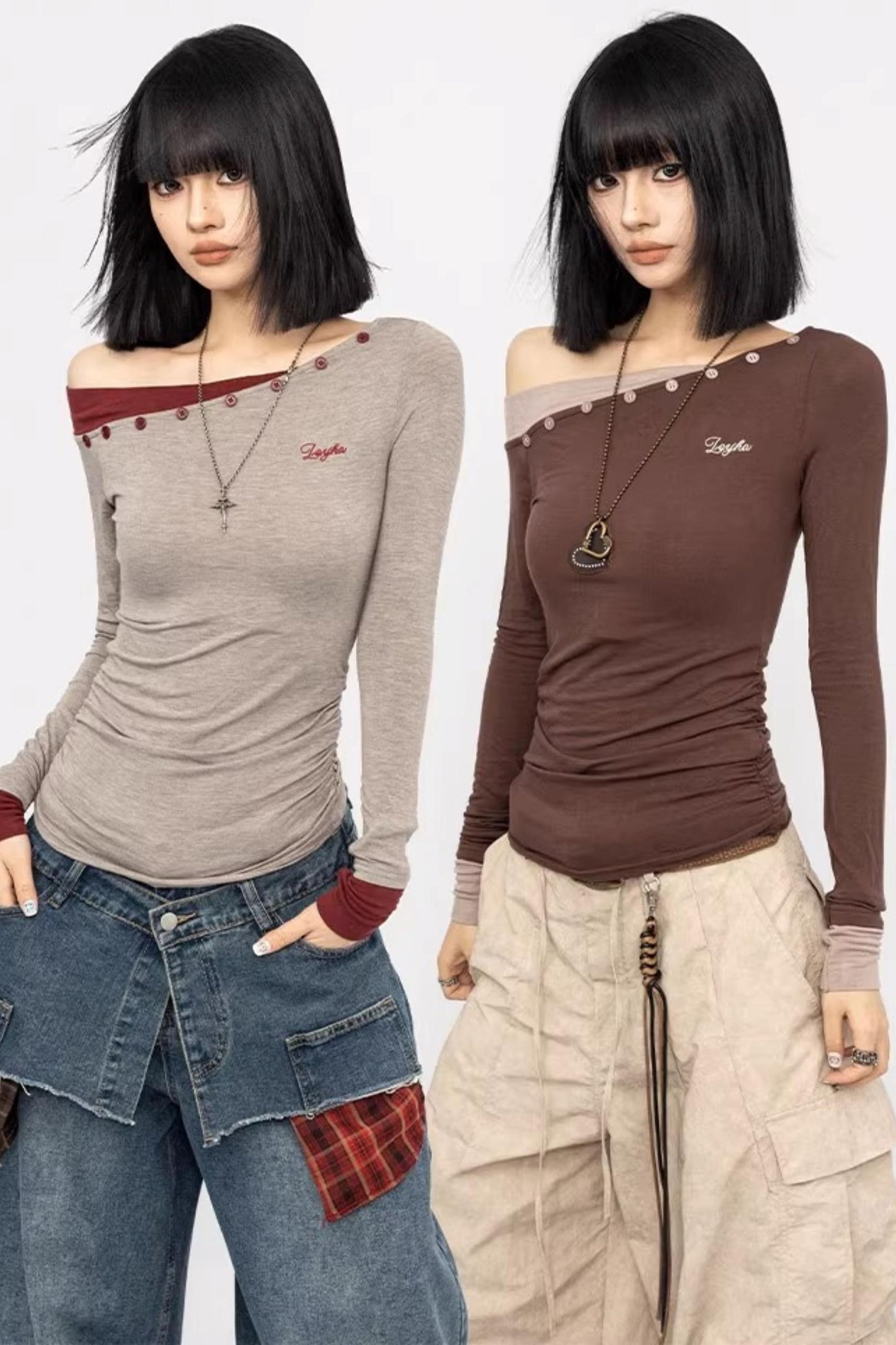 Slanted Shoulder Long Sleeve Slim Top