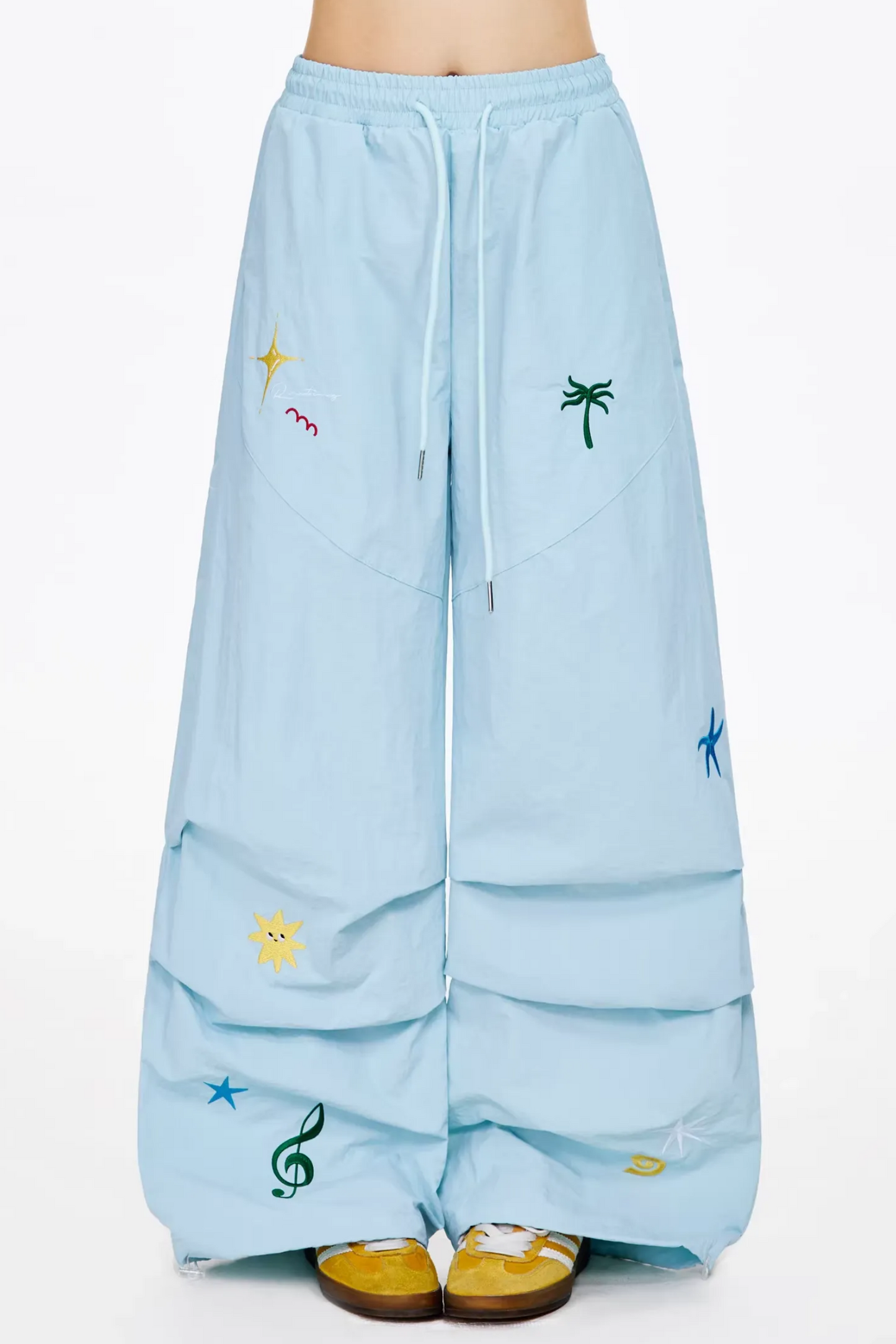 Embroidered Layered Wide-Leg Pants