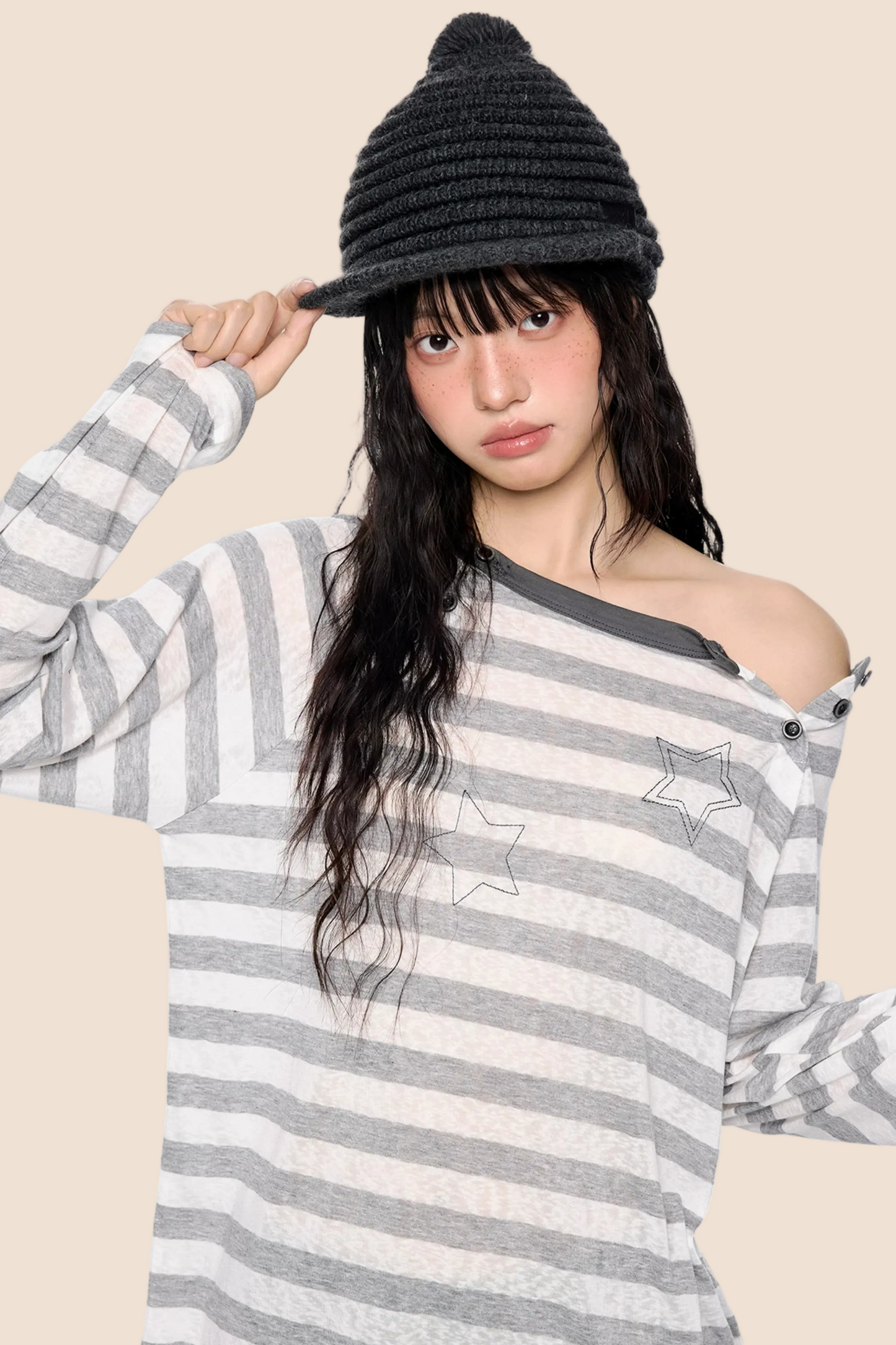 Deconstructed Striped Star Print Long Sleeve Tee