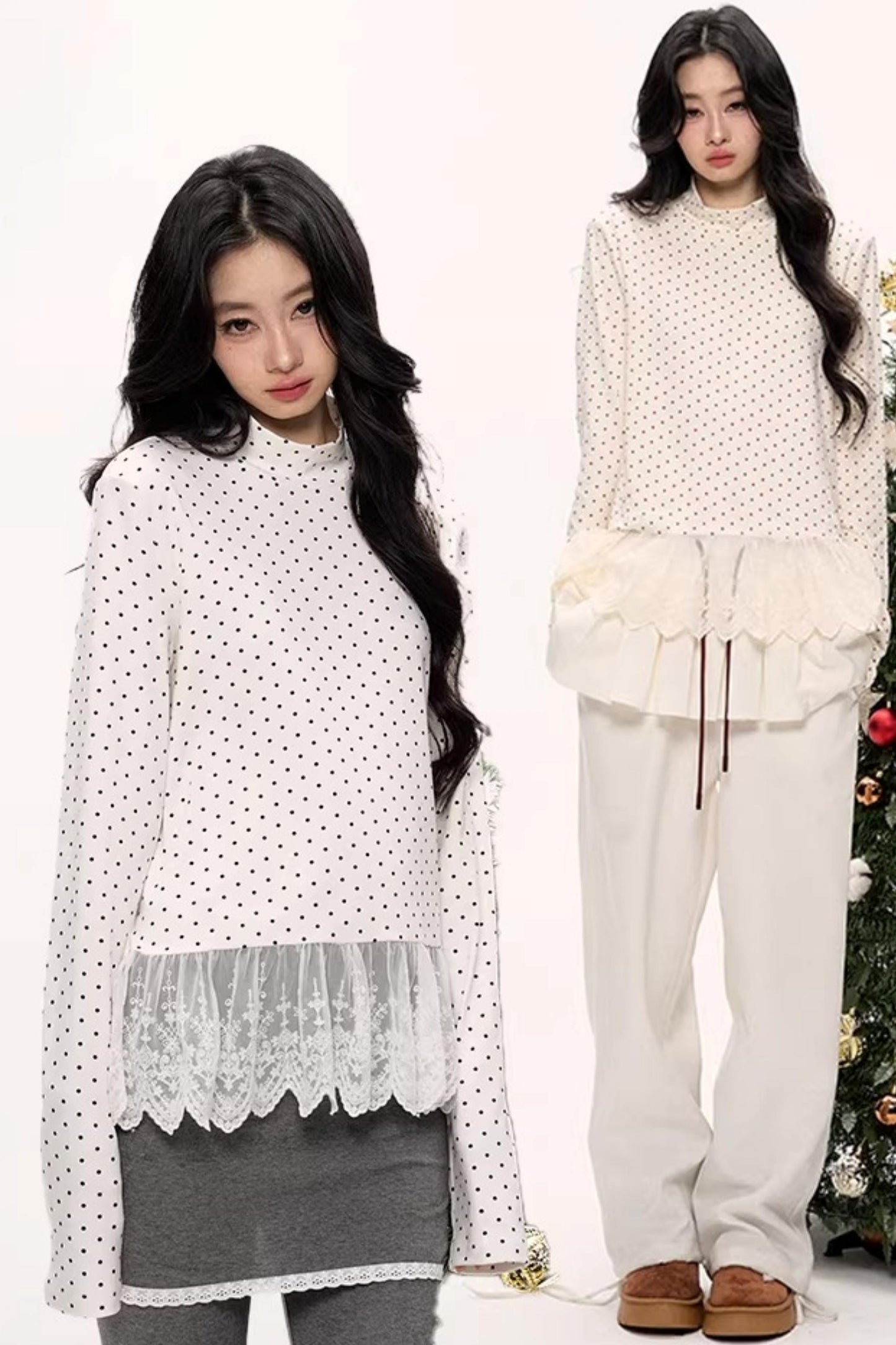 Polka Dot Lace Turtleneck Top