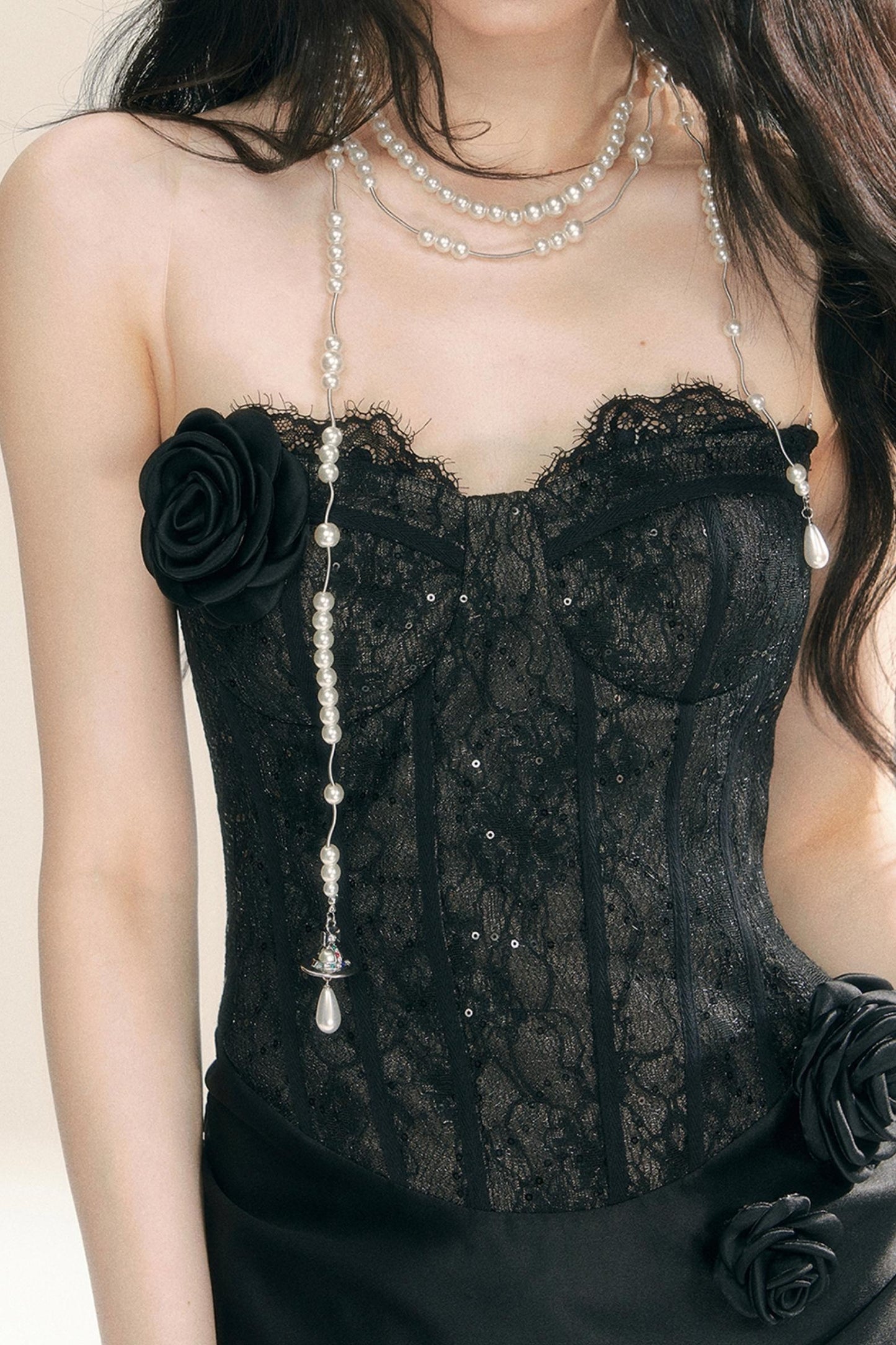 프렌치 레이스 원숄더 드레스