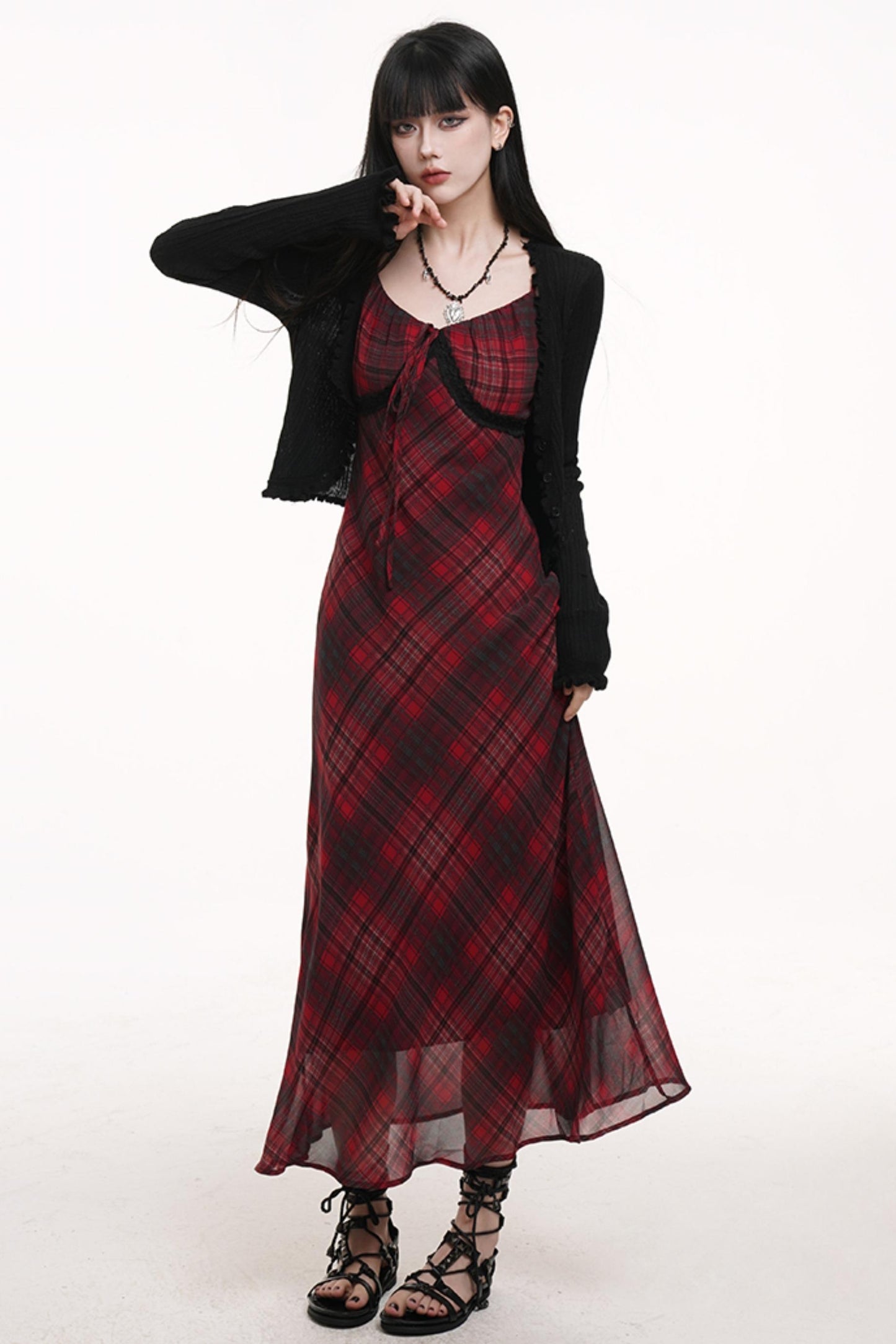 Red Grid Long Dress