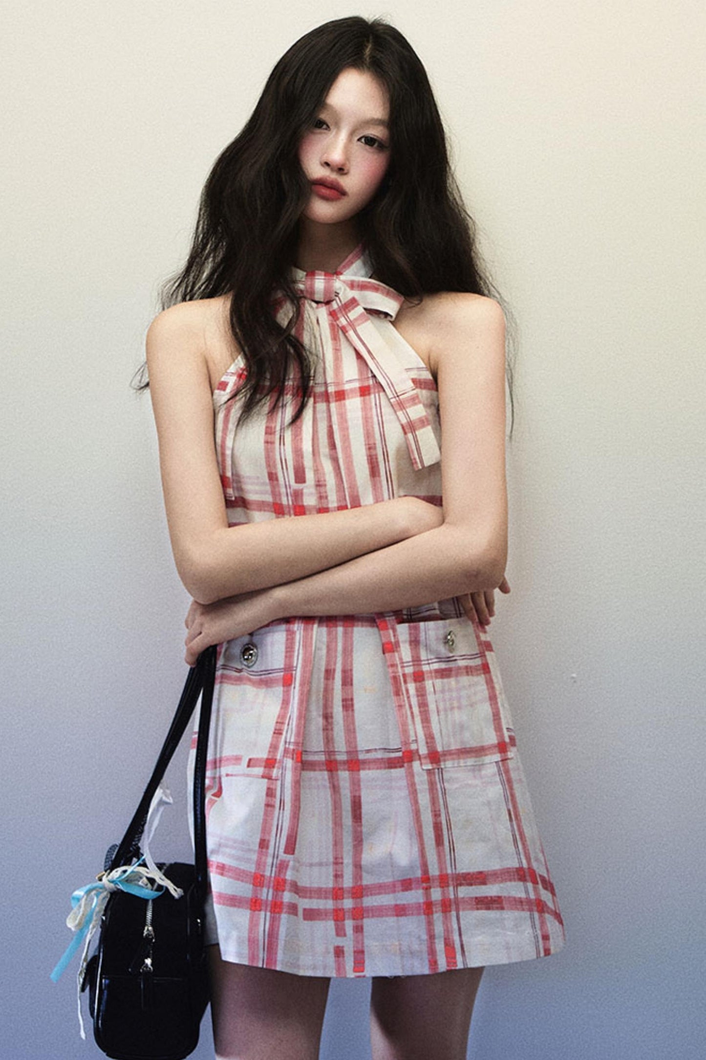 Plaid Bow Sleeveless Mini Dress