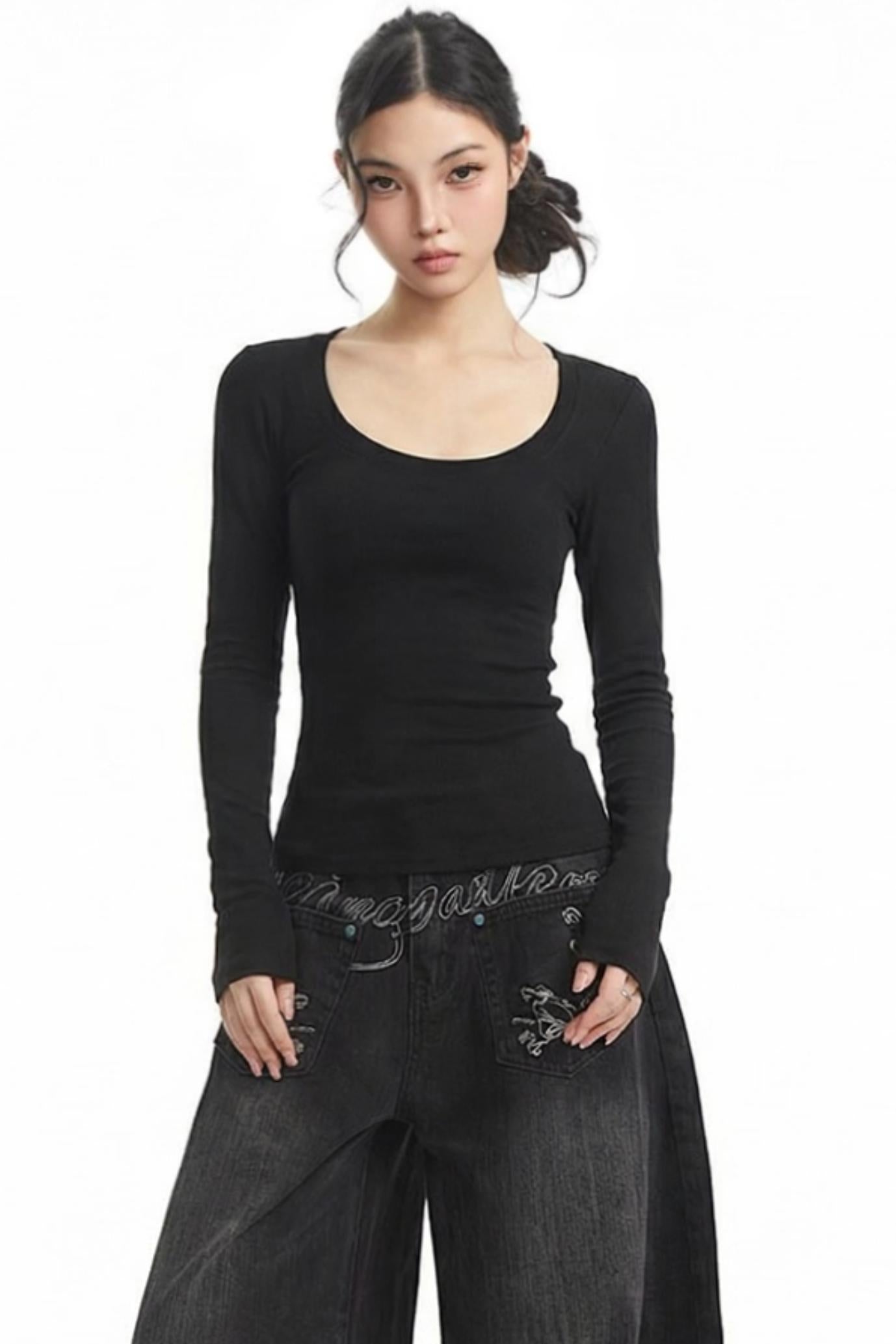 Black Slim-Fit Long-Sleeve Top