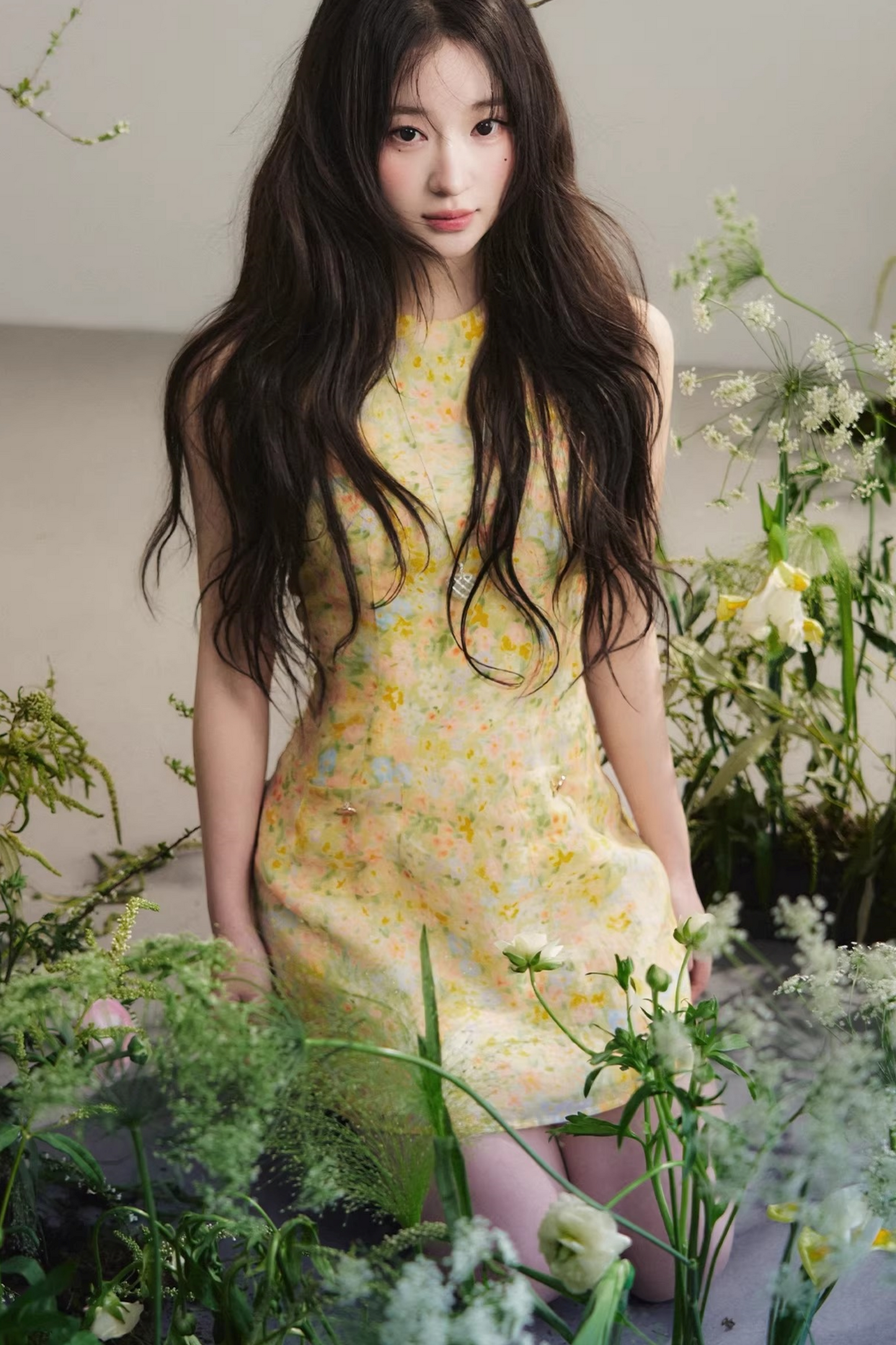 Bright Yellow Floral Linen Dress