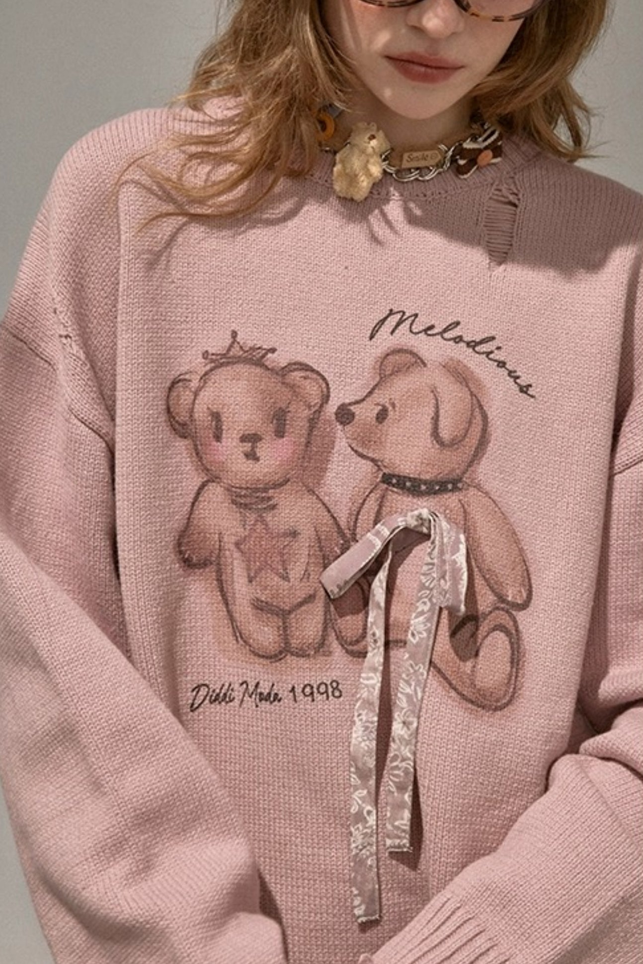 Kiss Bear Print Long Sleeve Sweater