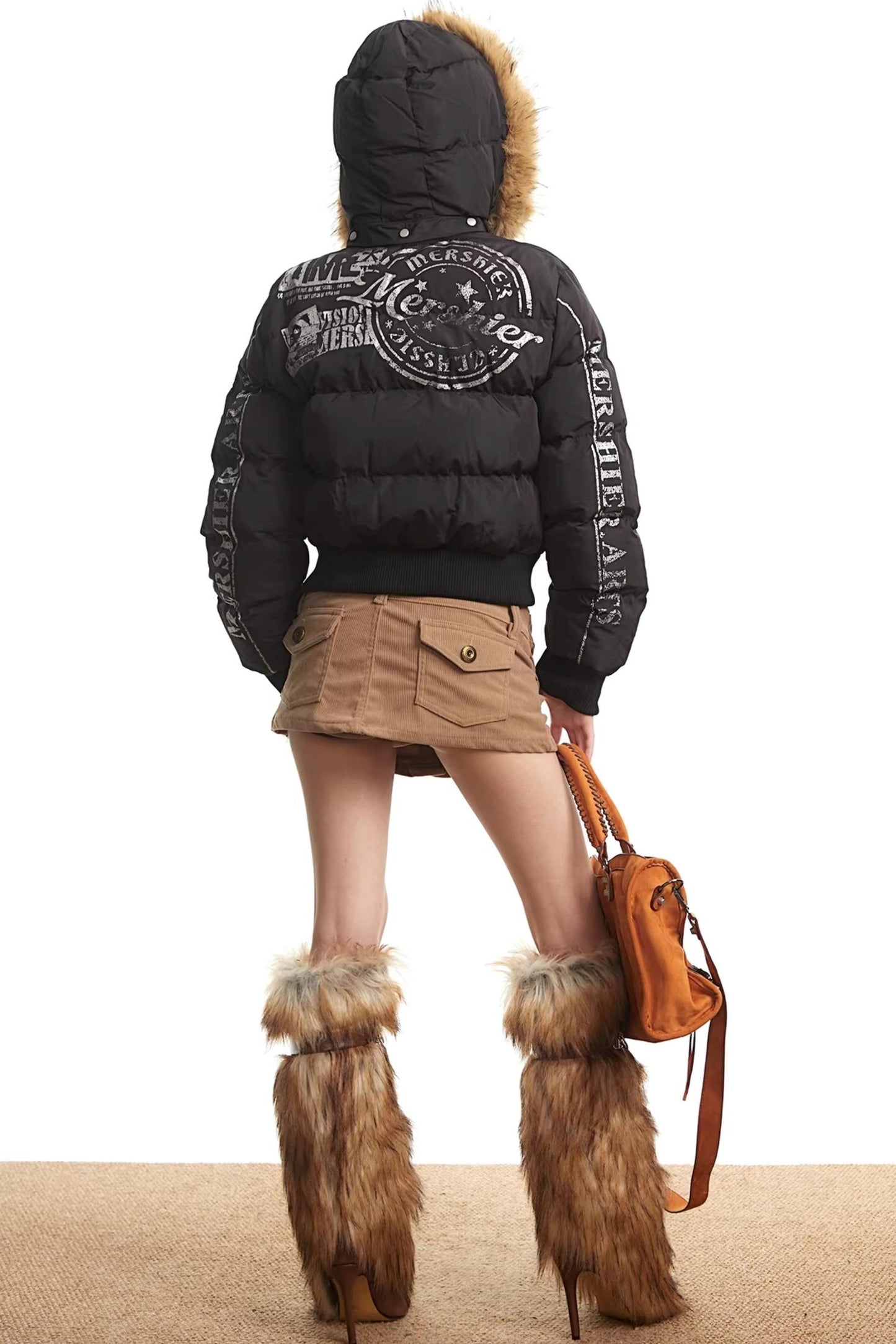 Printed Short Fur Collar Down Jacket