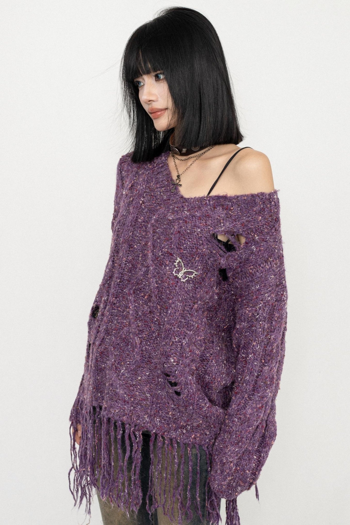 레트로 V넥 니트 스웨터 세트