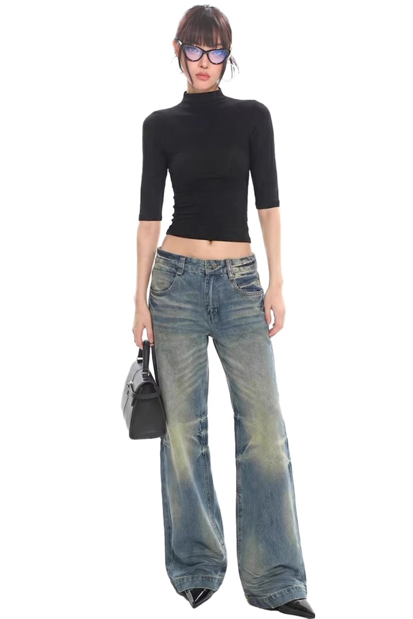 Black Knitted Mid-Sleeve Top