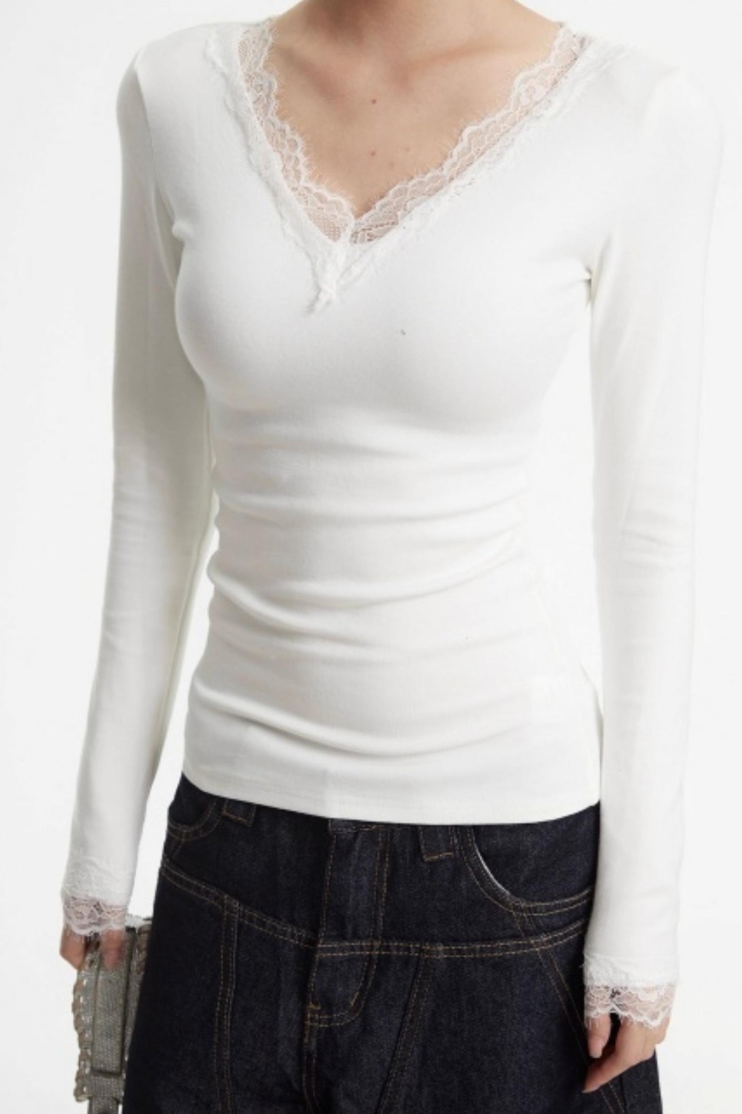 White Lace-Trimmed V-Neck Top