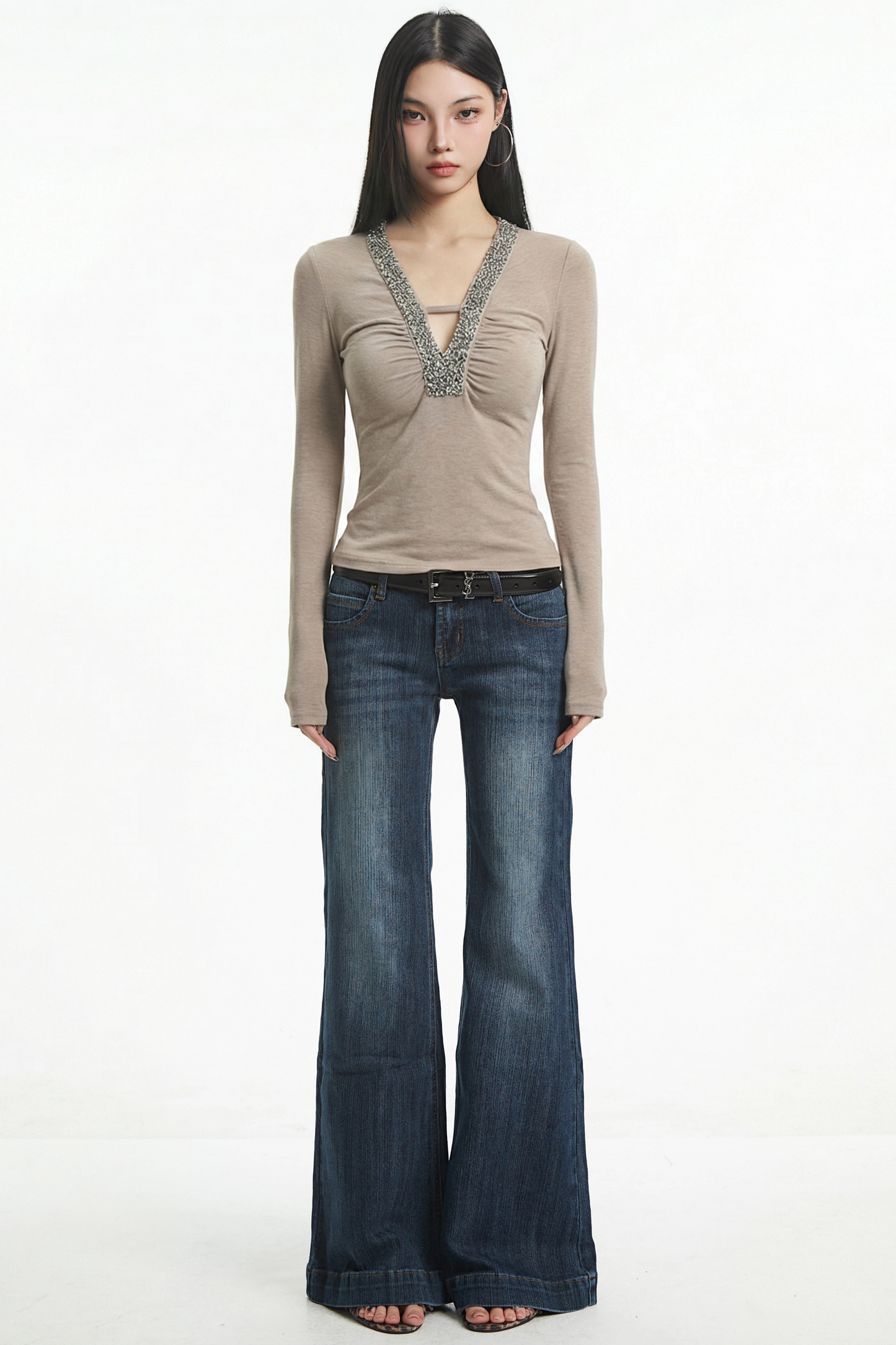 Light Brown Retro V-Neck Top