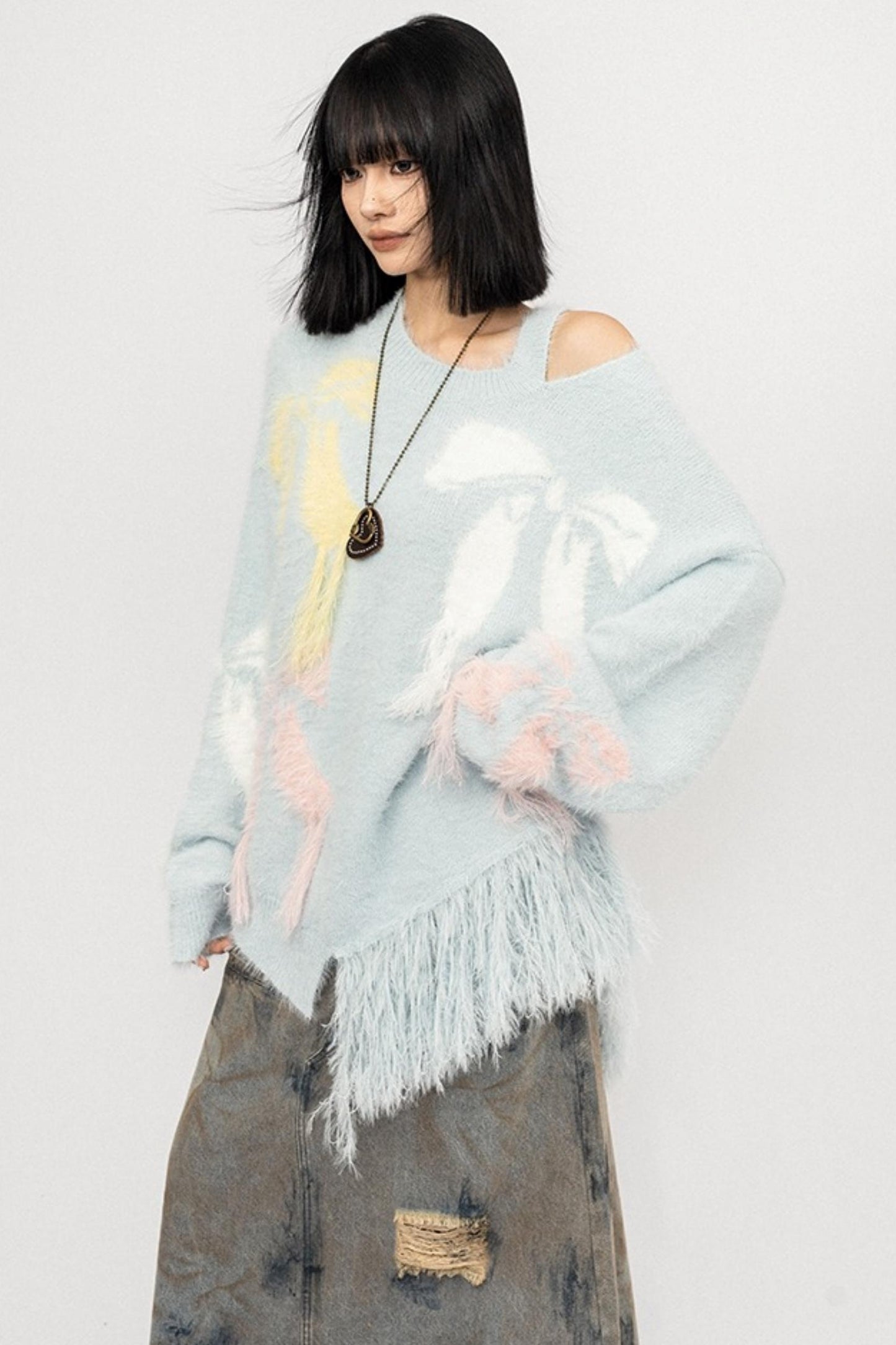 Off-The-Shoulder Fringed Knit Top