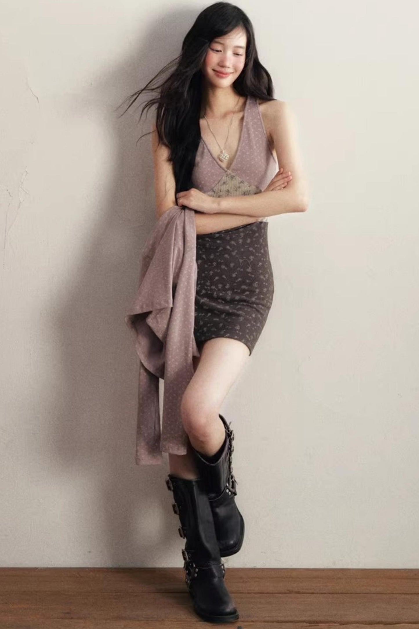 Light Purple Floral Knitted Cardigan Set-Up