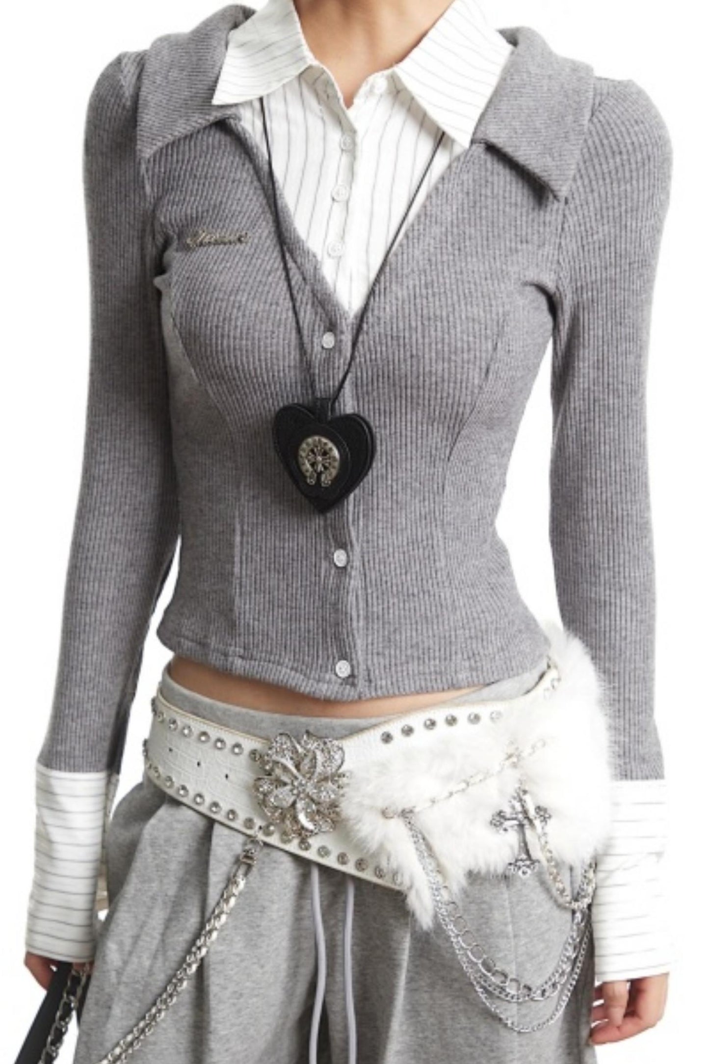 Retro Gray Fake Two-Piece Top