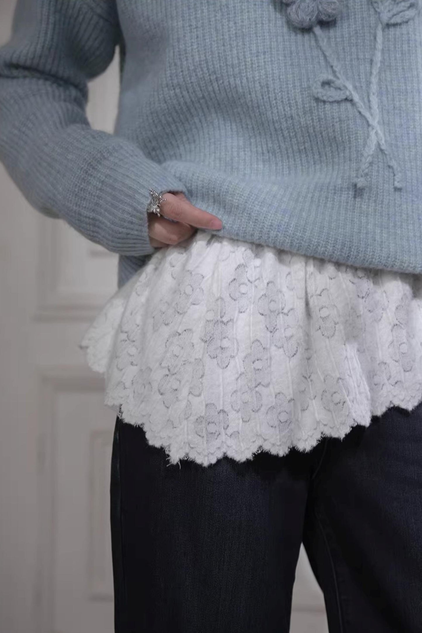 Cream Blue Crochet Wool Sweater