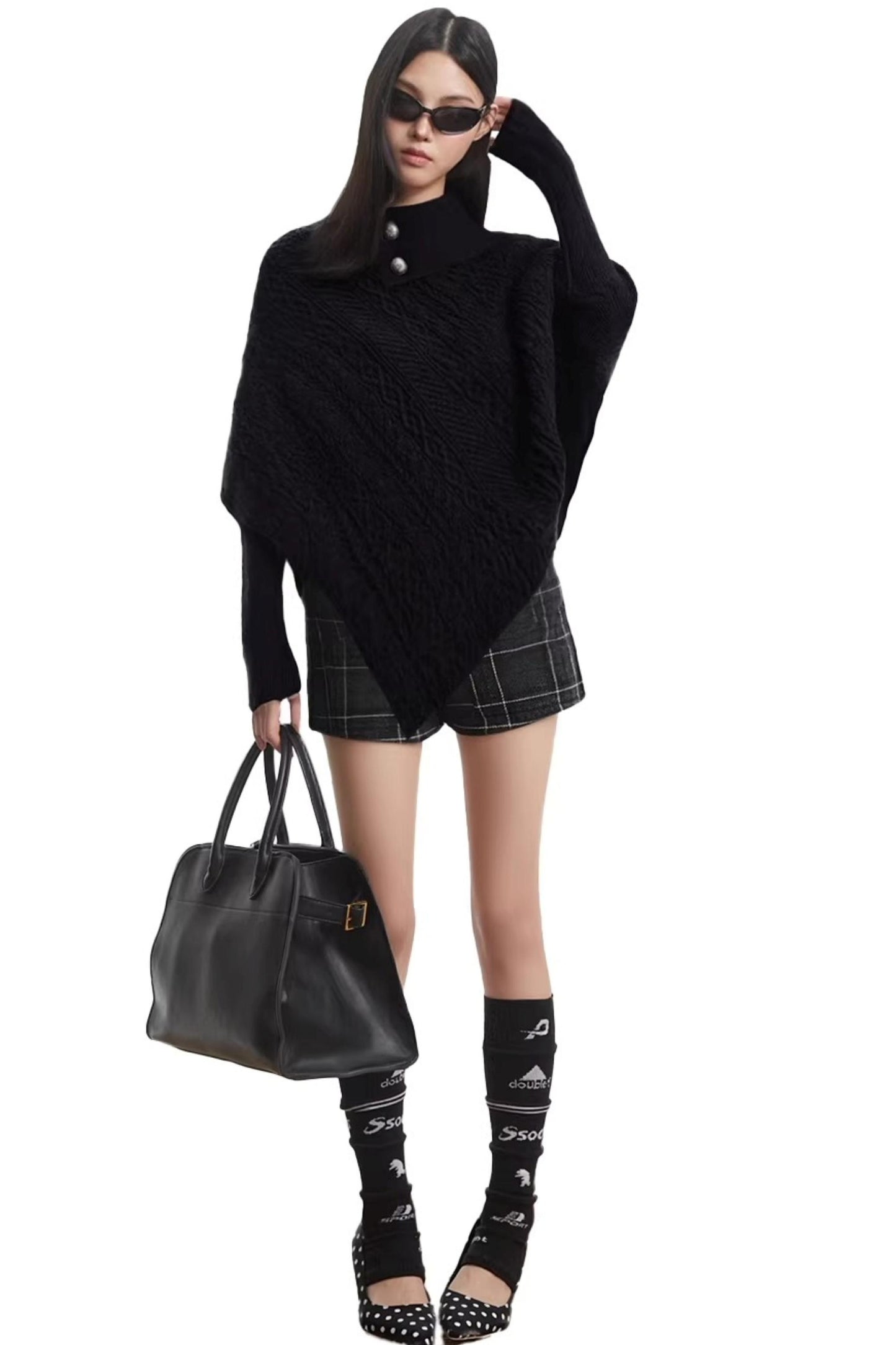 Schwarzer Fledermausärmel-Cape-Pullover